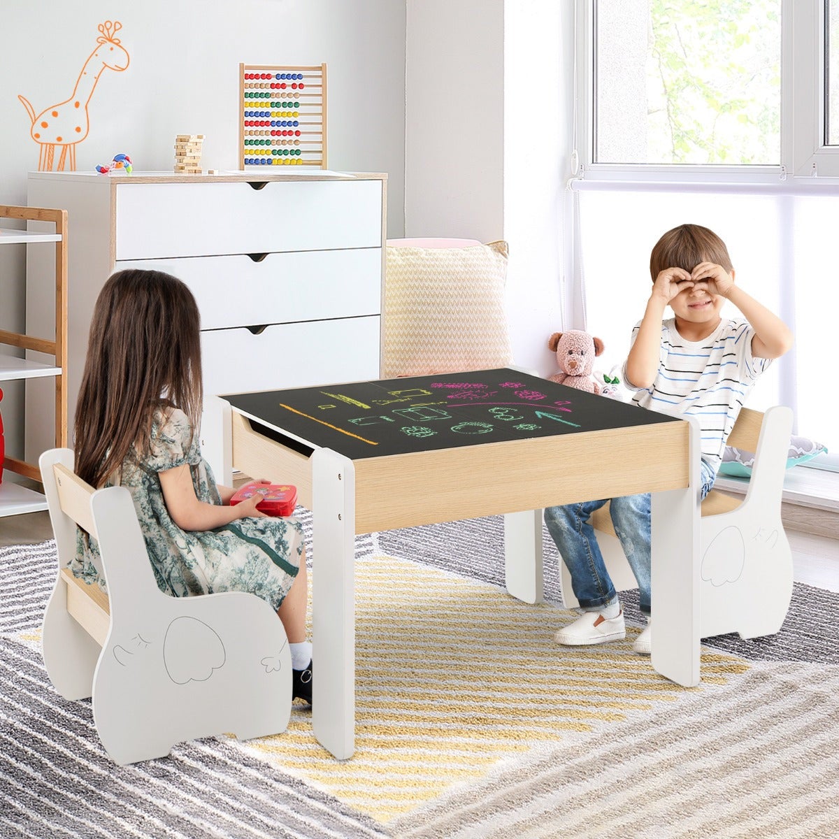 Mesa Y 2 Sillas Para Niños - 3 En 1 Con Pizarra Blanca Y De Tiza - Madera, Con Almacenamiento - Ideal Para Juegos Y Manualidades
