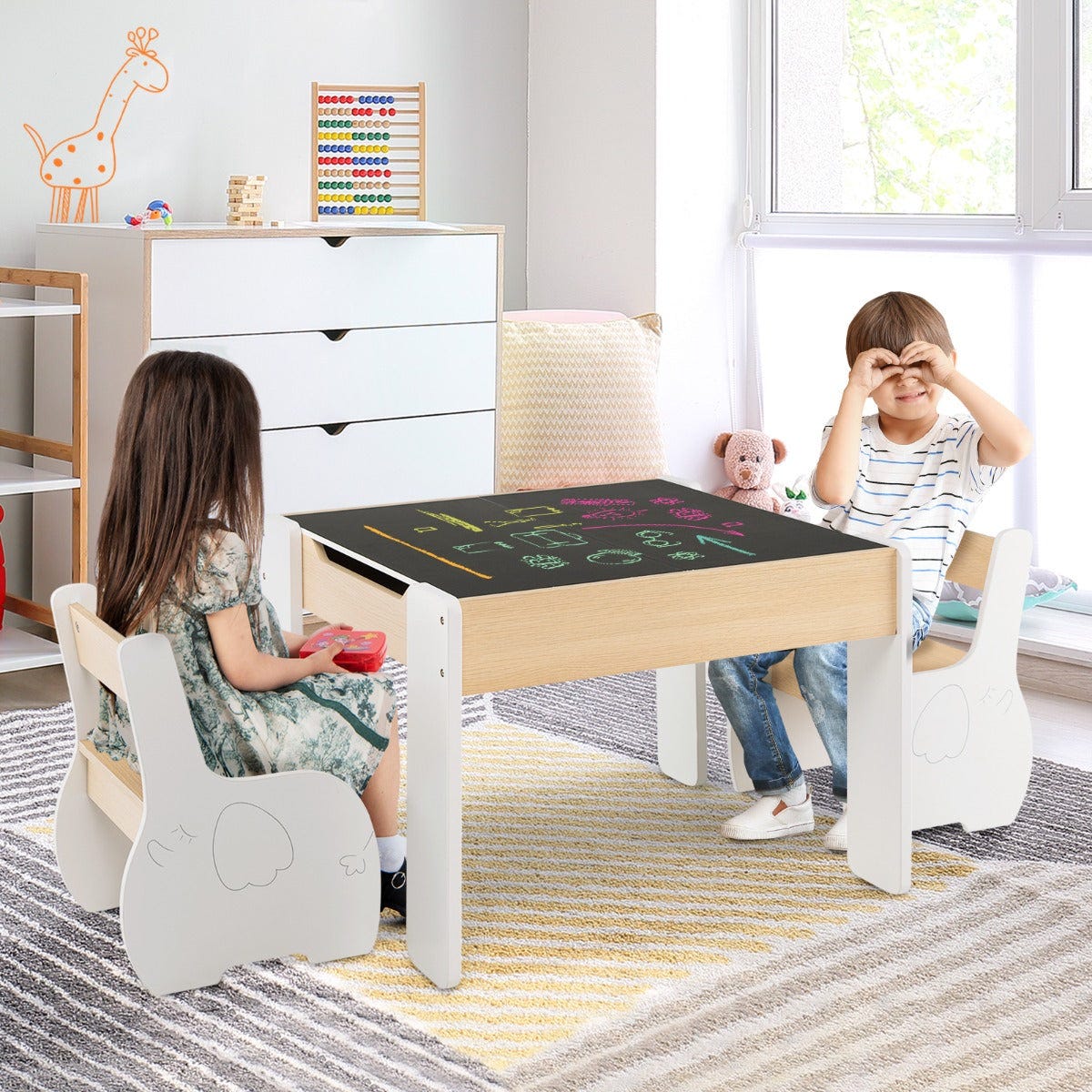 Mesa Y 2 Sillas Para Niños - 3 En 1 Con Pizarra Blanca Y De Tiza - Madera, Con Almacenamiento - Ideal Para Juegos Y Manualidades