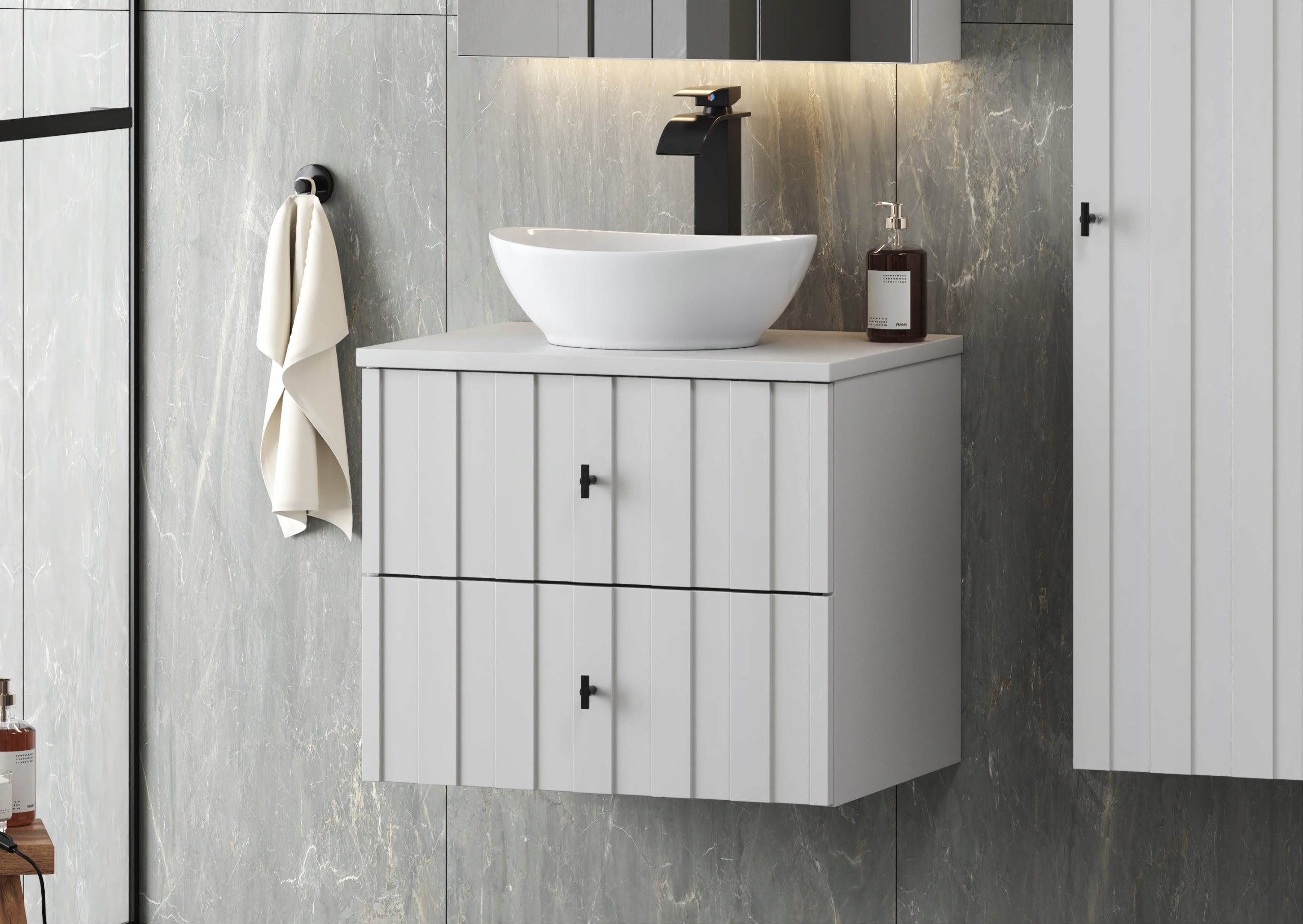 Szafka łazienkowa ELEGANTE 60 cm biała wisząca złote uchwyty mat - 8
