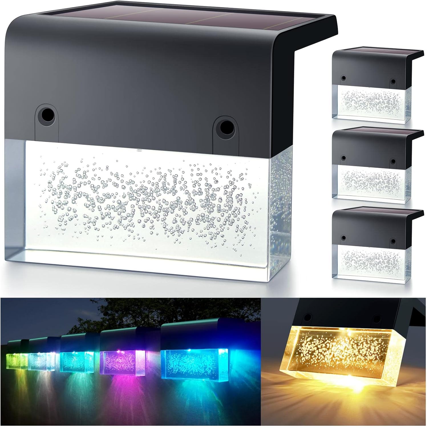 Zestaw 4 lamp ogrodowych LED solarnych, ciepła biel i RGB, wodoodporna dekoracja IP55, idealna do ogrodów i tarasów (prostopadłościan)