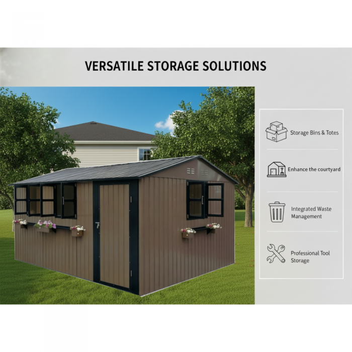 Abri Jardin 10,21 m² – Acier Galvanisé, 3 Fenêtres, Portes Doubles, Imperméable – Marron/Noir - 6