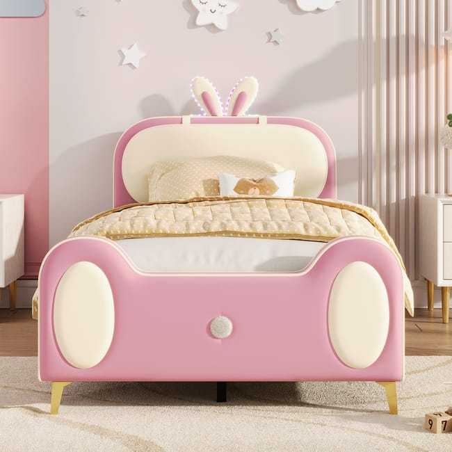 HAINEW Lettino Imbottito 90 × 200 Cm Con Testiera A Forma Di Coniglio E 2 Cassetti, Letto Piano, Letto Imbottito Singolo Con Rete A Doghe, Per Ragazzi
