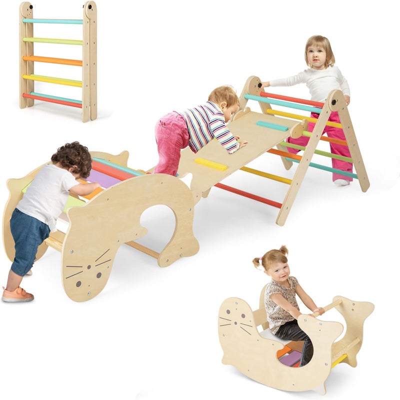 6w1 Zjeżdżalnia-Trójkąt Wspinaczkowy Montessori z Drewnianą Drabinką Trójkątną i Huśtawką w Kształcie Lwa Morskiego, dla Dzieci 3-14 lat, Maks. 60 kg