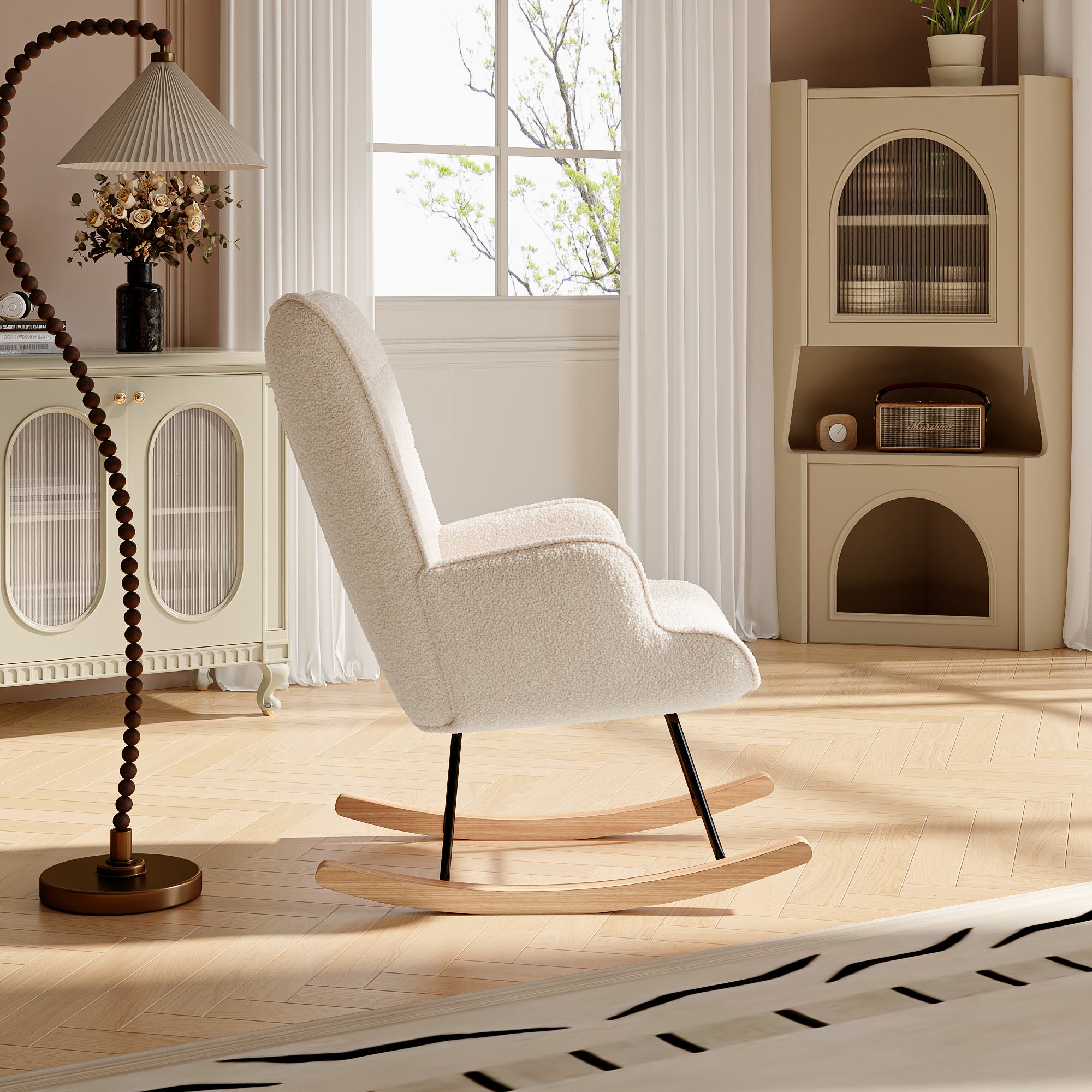Fauteuil à Bascule, Rocking Chair, Revêtement Bouclette, Fauteuil Allaitement, Beige | Chaise à Bascule, Structure en Acier, Pieds en Bois Massif - 4