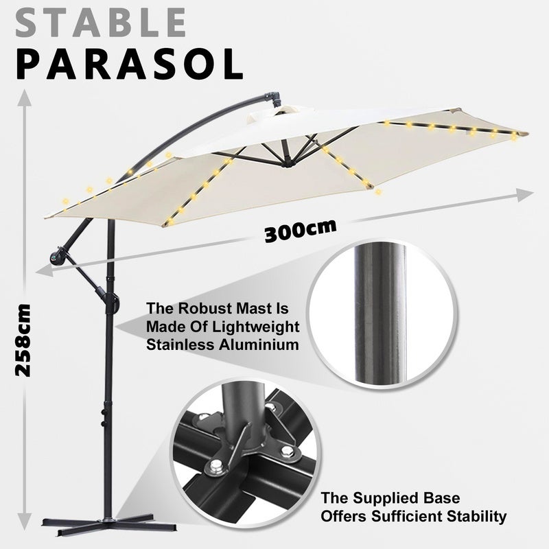 Parasol avec LED Grand Parapluie avec manivelle 360-Grad Drehbar um 360° drehbar pour terrasse, balcon Sonnenschutz, Beige - 2