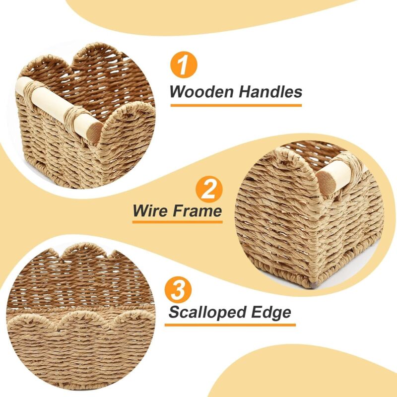 2 Pièces Panier Rangement Osier, Corbeille Rangement Papier Toilette Tressé avec Poignées en Bois, Boite Rotin pour Cuisine, Salle de Bain - 3