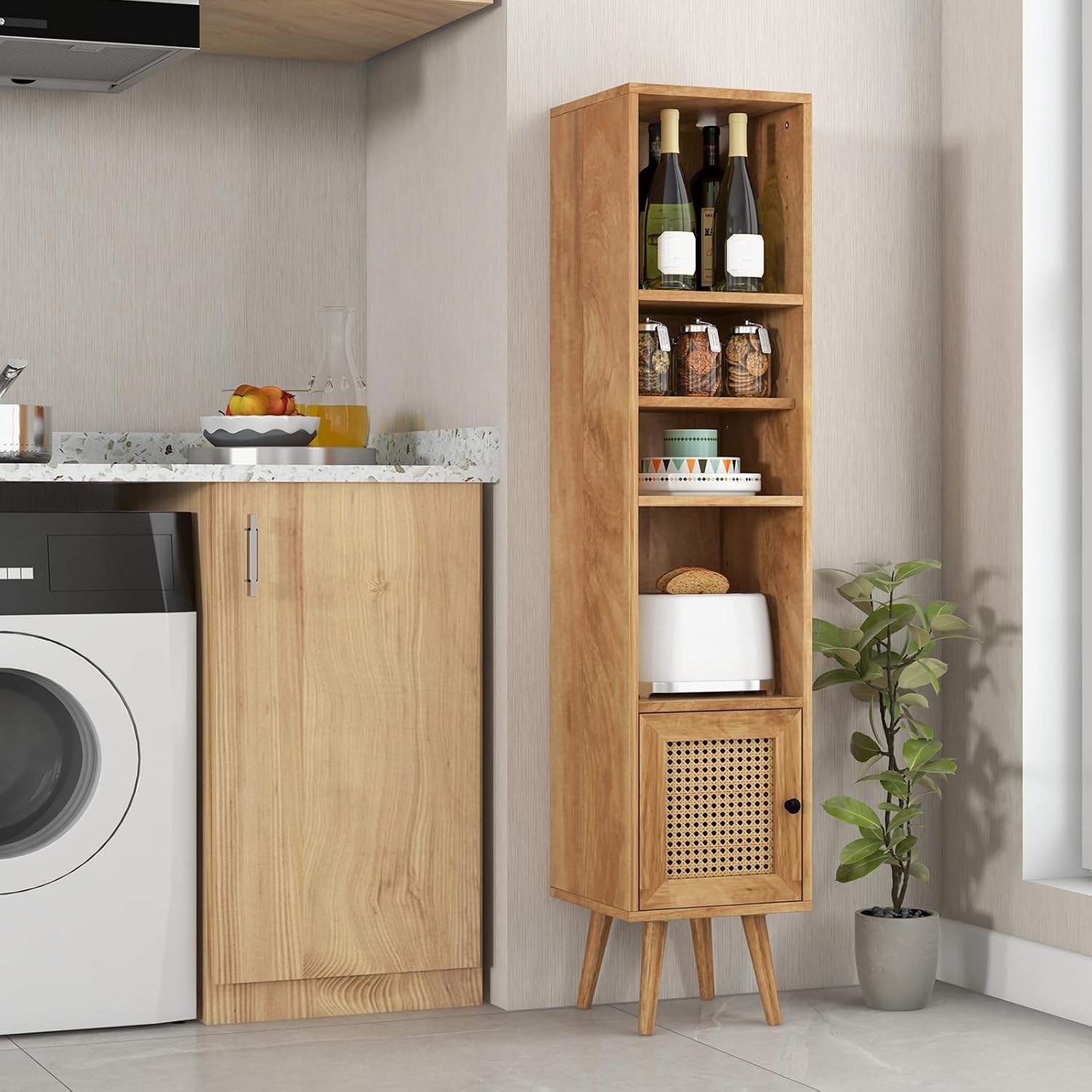 Armoire de Rangement scandinave, 30 x 30 x 137 cm, Porte en Rotin et étagère Réglable, Bibliothèque sur Pieds Autoportante, Naturel - 2