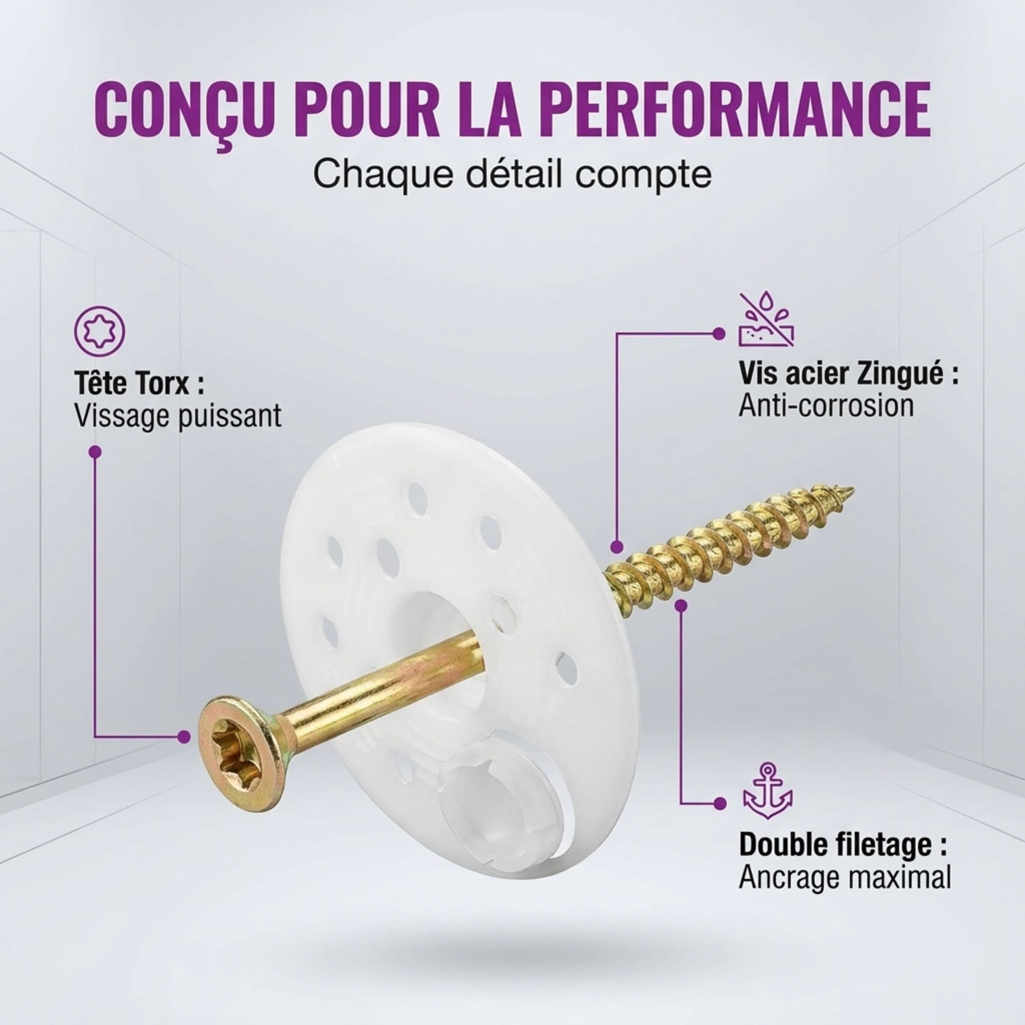 100 Rondelles d'isolation D.60 mm + Vis à bois Torx double filetage - Longueur 160 mm - 3