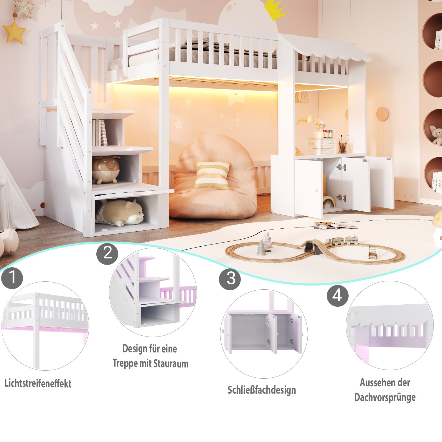 Lit mezzanine bois 90x200cm,avec Lumières LED,Conception des avant-toits,Lit mezzanine enfant avec casiers et escalier de sécurité,Blanc,Sans matelas - 5