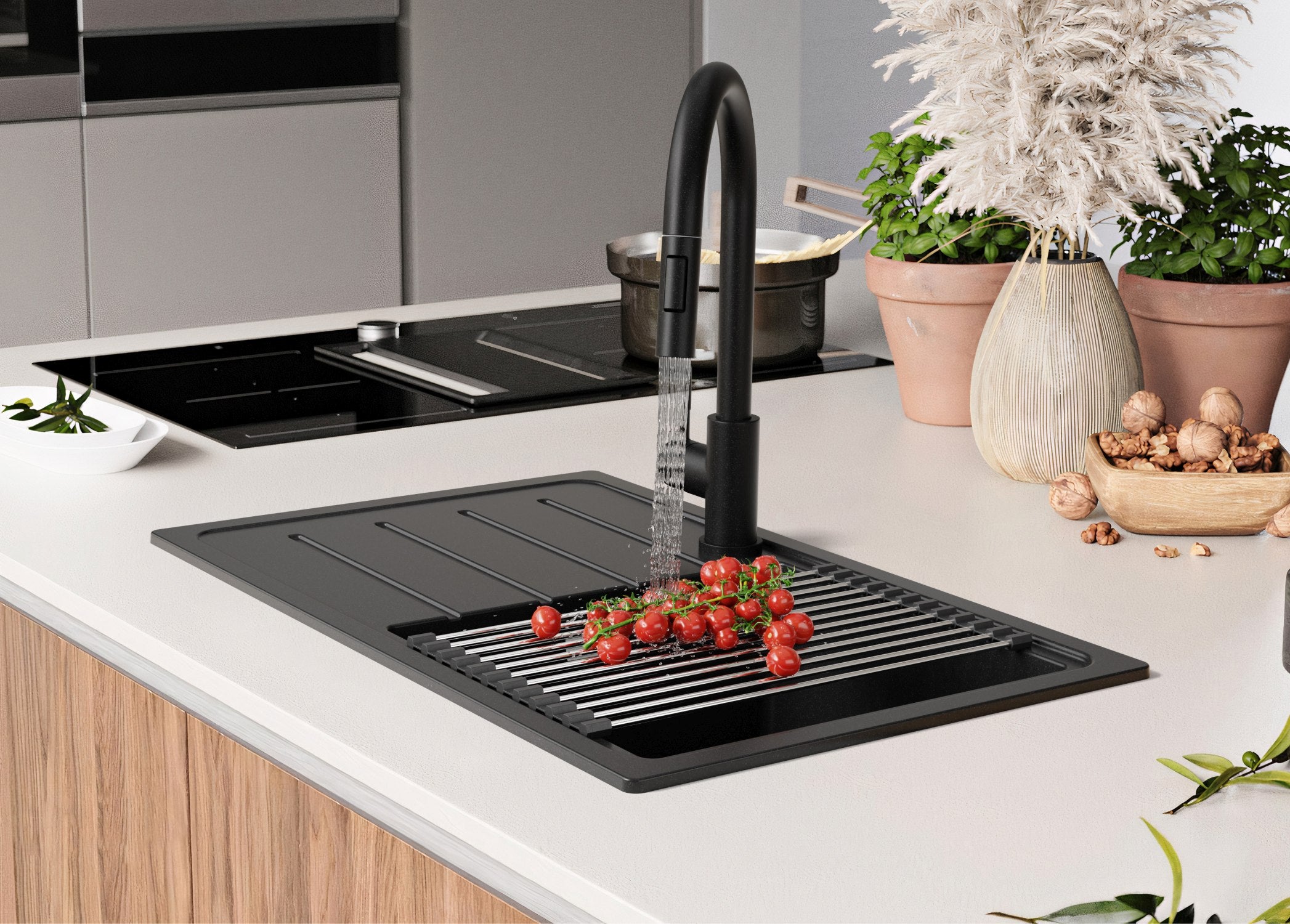 Evier Cuisine en Granit Noir 70x44cm, Lavabo 1 bac + Kit de Vidage, Évier à Encastrer au meuble 45cm - Copenhague Easy PRIMAGRAN - 9