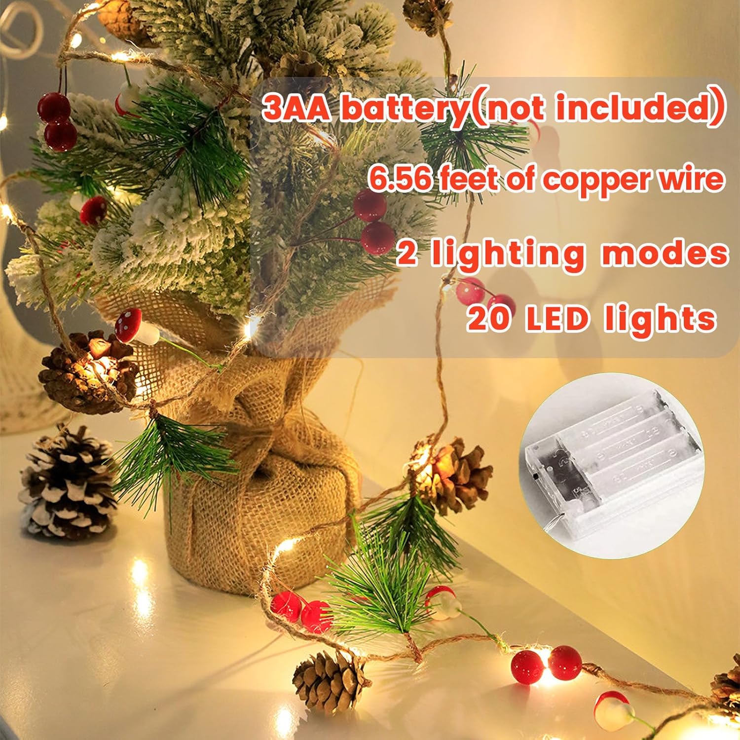 Girlanda świetlna z szyszkami sosnowymi - 2M 20LED - girlanda świąteczna z czerwonymi światełkami i szyszkami sosnowymi do użytku wewnątrz i na zewnąt - 5