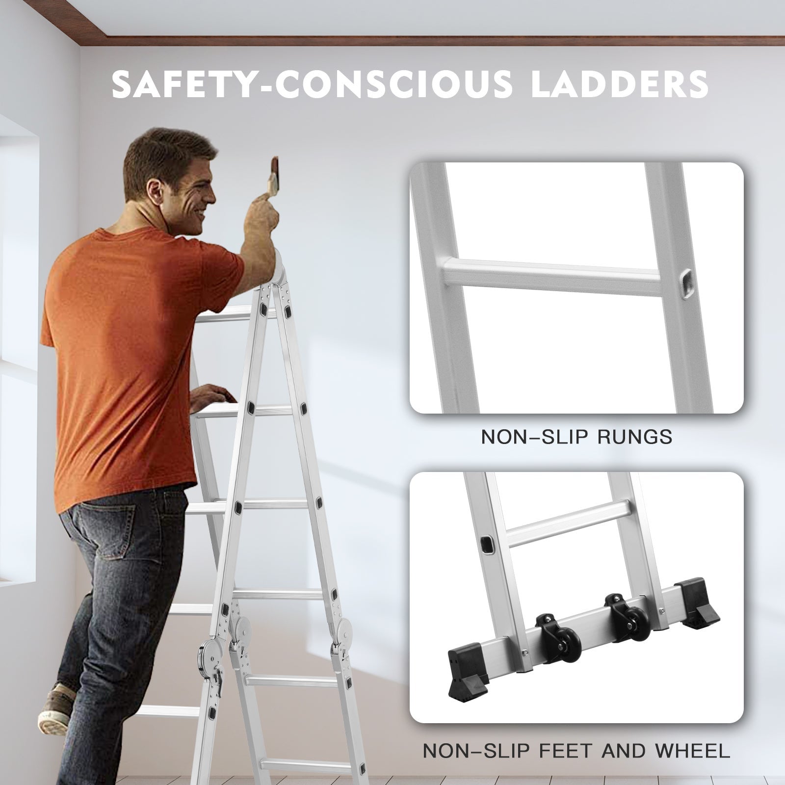 TEENO Échelle télescopique 7 en 1, Échelle Transformable 4,7 m, 2 marches épaisses antidérapantes - 4