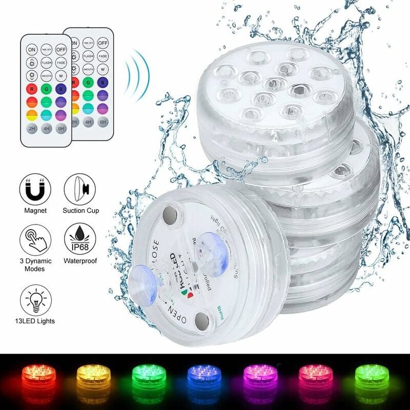 Zestaw 4 podwodnych lamp LED, lampki basenowe IP68 wodoodporne 16 RGB z przyssawką do wanny
