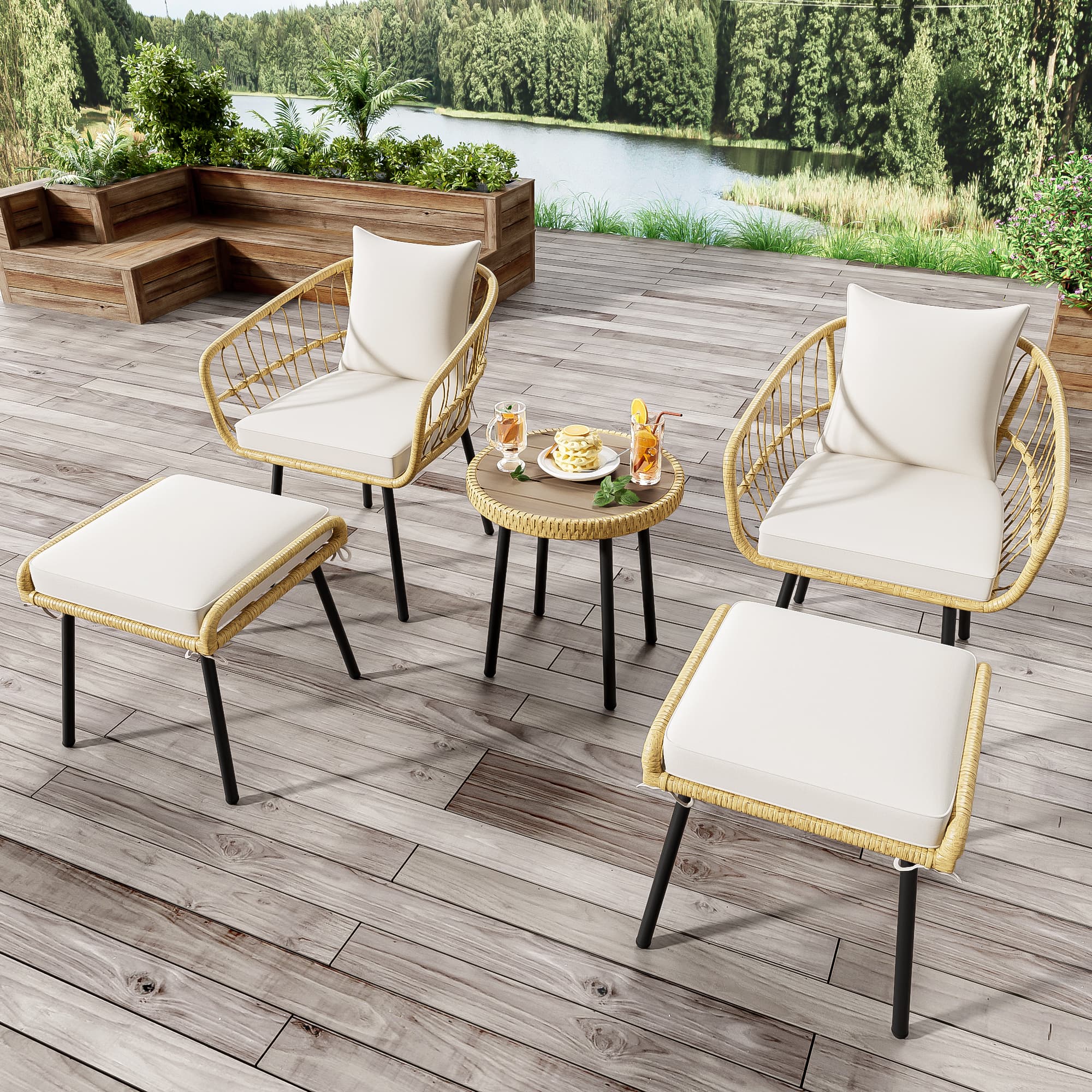 Ensemble Lounge de Jardin 5 Pièces, Composé d‘1 Table à Manger, 2 Chaises, 2 Tabourets, Mobilier en Rotin, Naturel - 7