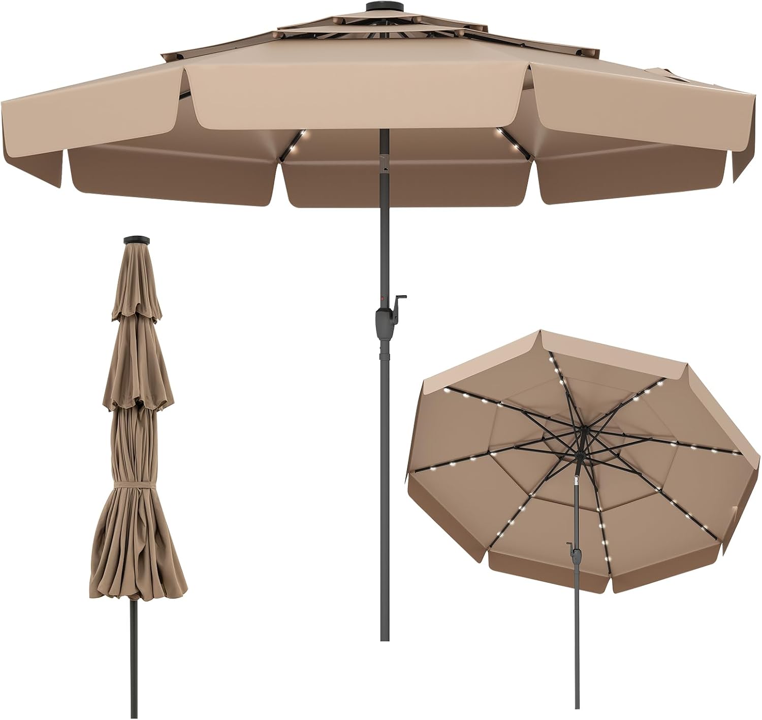 Parasol Ogrodowy Zewnętrzny 3, Parasol Balkonowy z Regulacją Nachylenia, Korba, 32 Diody LED, 3-warstwowa Czasza, 8 Żeber, bez Podstawy, Brązowy