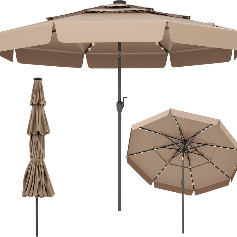 Parasol Ogrodowy Zewnętrzny 3, Parasol Balkonowy z Regulacją Nachylenia, Korba, 32 Diody LED, 3-warstwowa Czasza, 8 Żeber, bez Podstawy, Brązowy