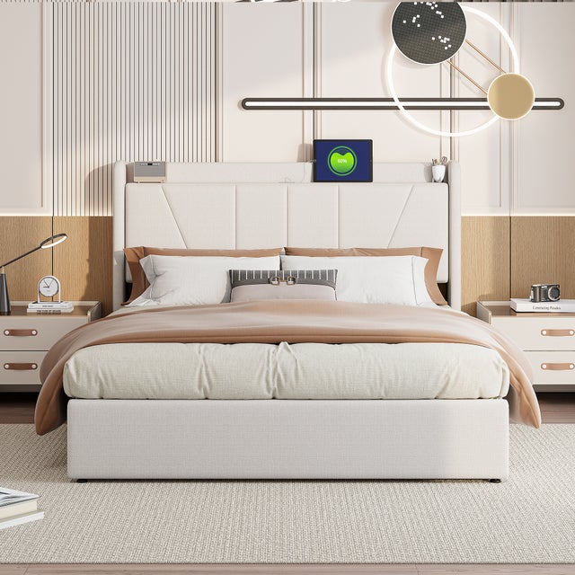 Letto contenitore 140x200 con USB e Type C, letto imbottito con rete a doghe, letto matrimoniale, beige