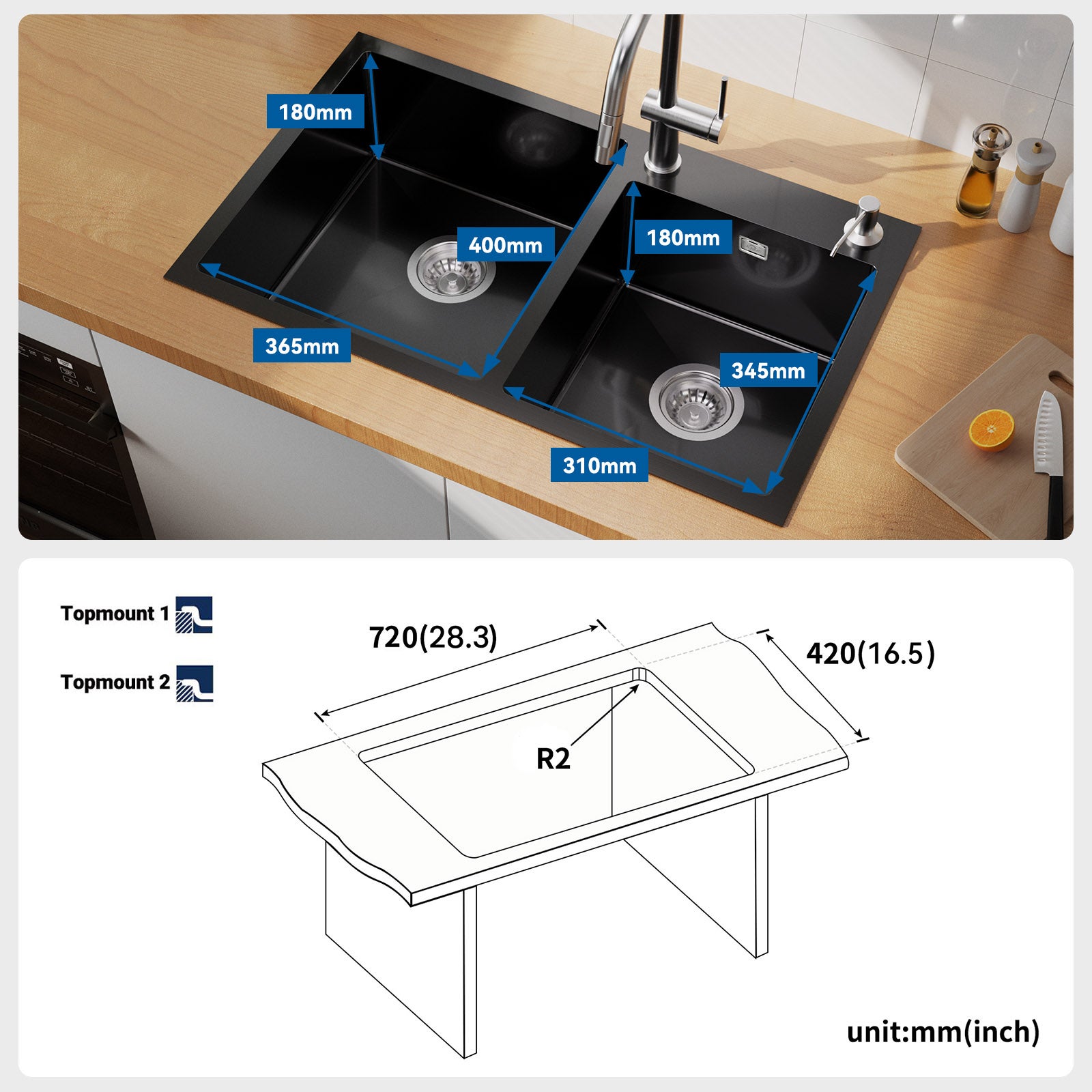 AuraLum Max Évier à Encastré/à Poser 2 Bacs avec Distrubuteur de savon/Ensemble de drainage,Évier 75x45x19cm Inoxydable pour Cuisine,Noir,EU Modèle - 3