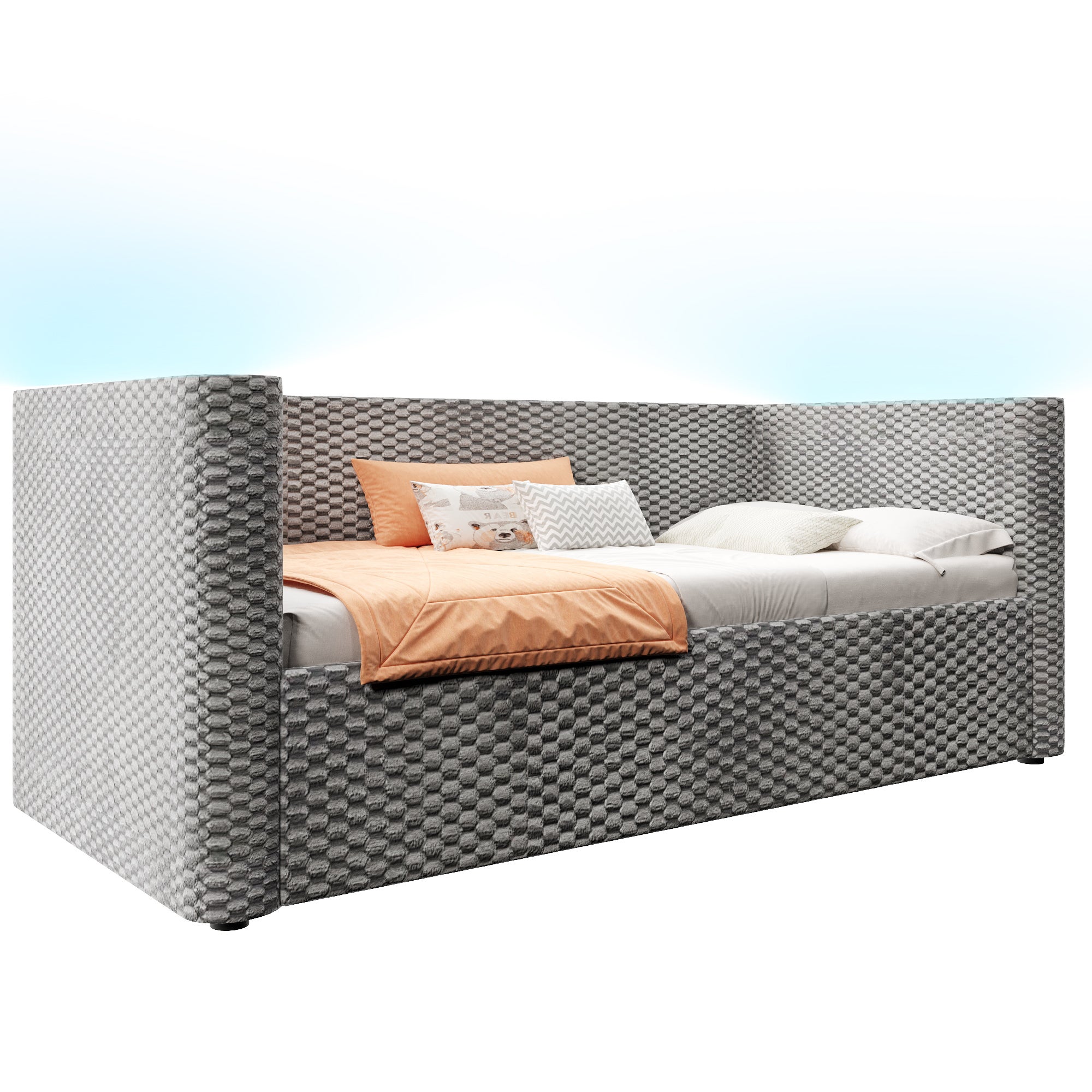 Rozkładana sofa z pojemnikiem 90x200 cm - z oświetleniem LED - stelaż lamelowy - welur - szary (materac nie jest wliczony w cenę) - 7