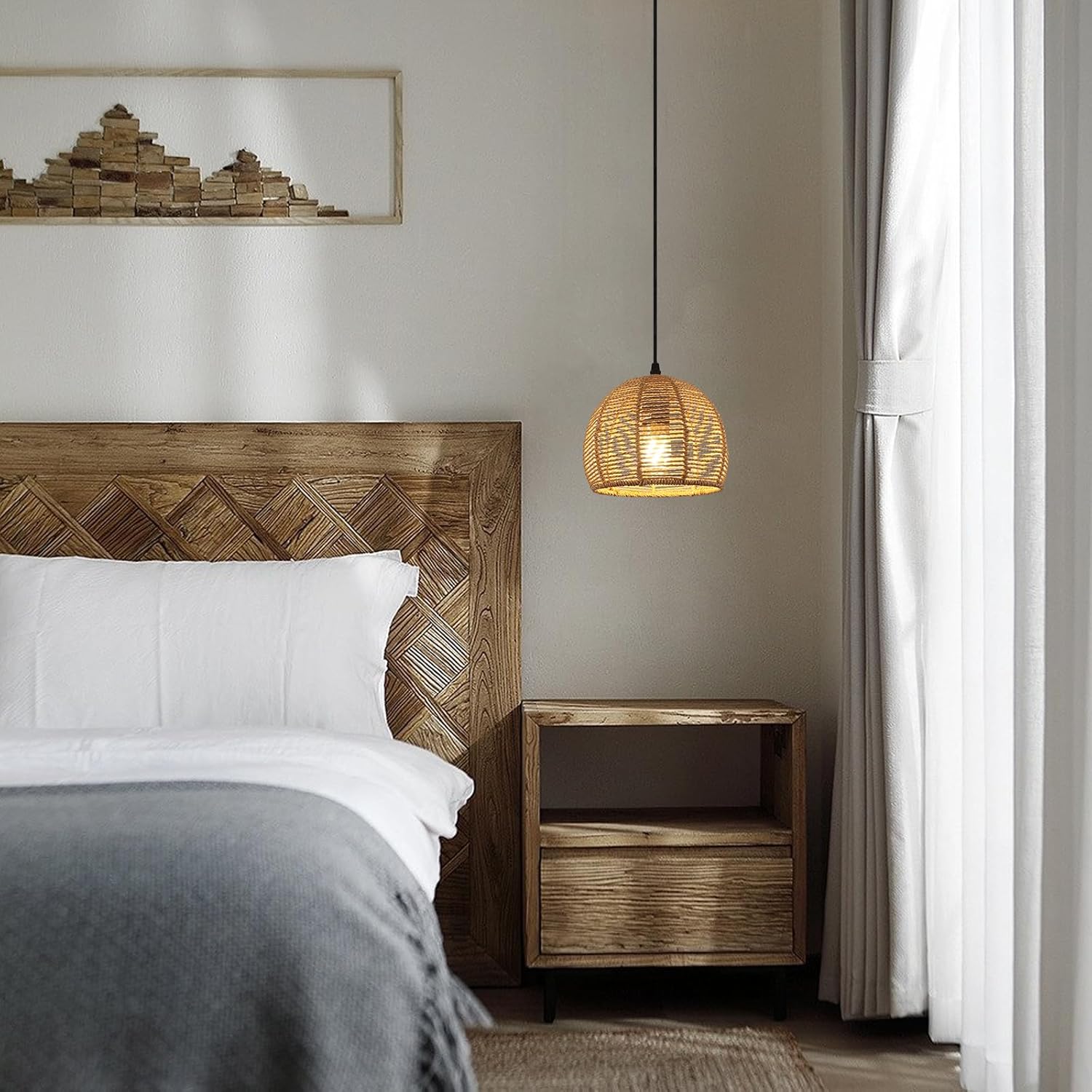 COMELY Suspension Luminaire Vintage en Rotin E27 Ø20 cm, Lustre Rétro Naturel pour Salon Chambre Cuisine Salle à Manger Café-Bar - 8