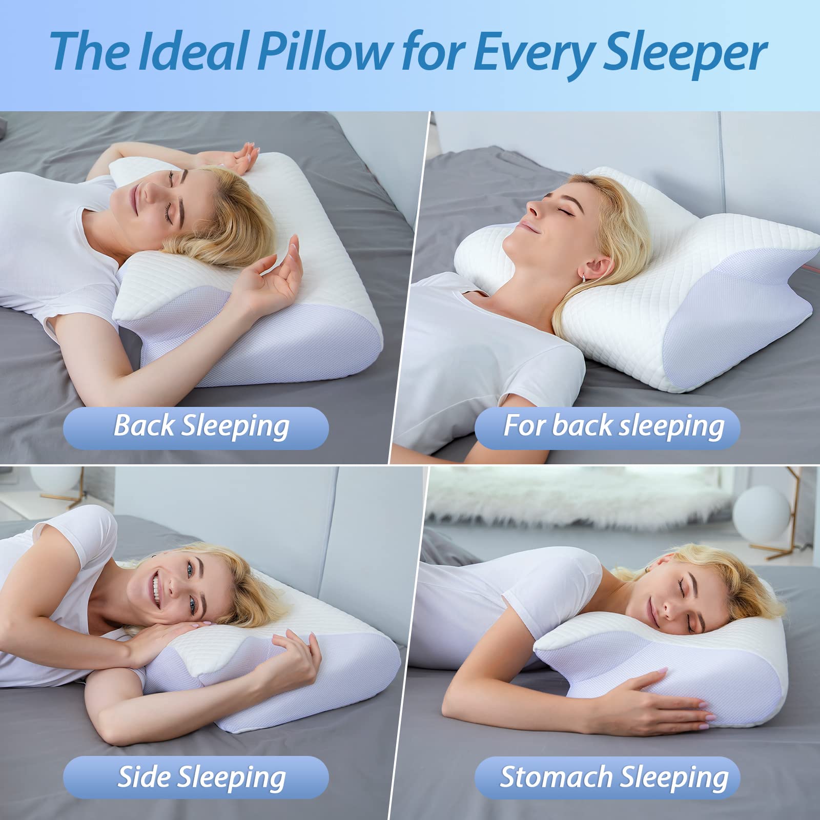 Almohada apnea del sueño, espuma viscoelástica ortopédica, contorno ergonómico, soporte lateral, dorsal, ventral, reduce ronquidos - Blanco - 3