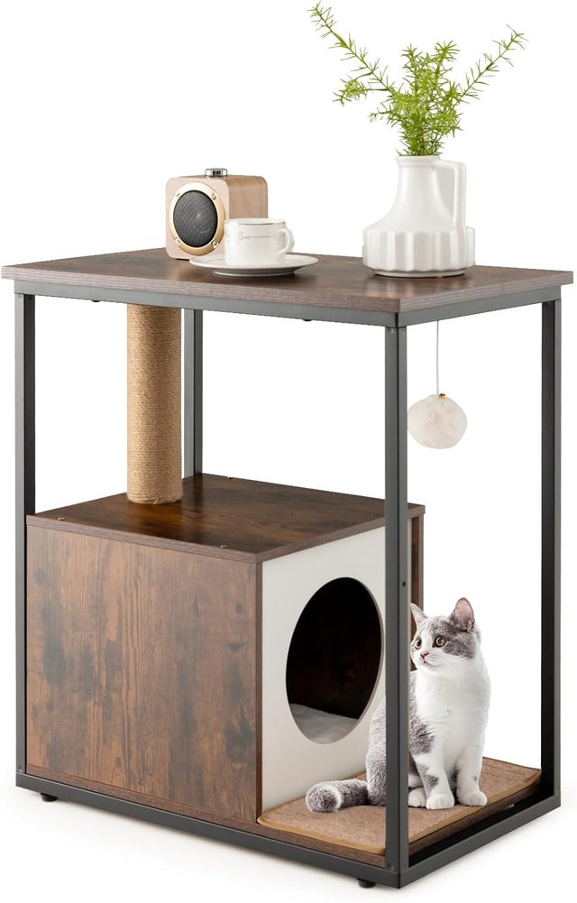 Domek dla Kotów 3 w 1: Drapak, Stolik Pomocniczy i Legowisko z Matą do Drapania, Pniem z Sizalu, Metalową Ramą, 60 x 34 x 66 cm (Brązowy)