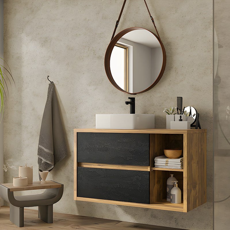 Szafka łazienkowa wisząca pod umywalkę w kolorze naturalnym i antracytowym – 100 cm - TIKITIKI