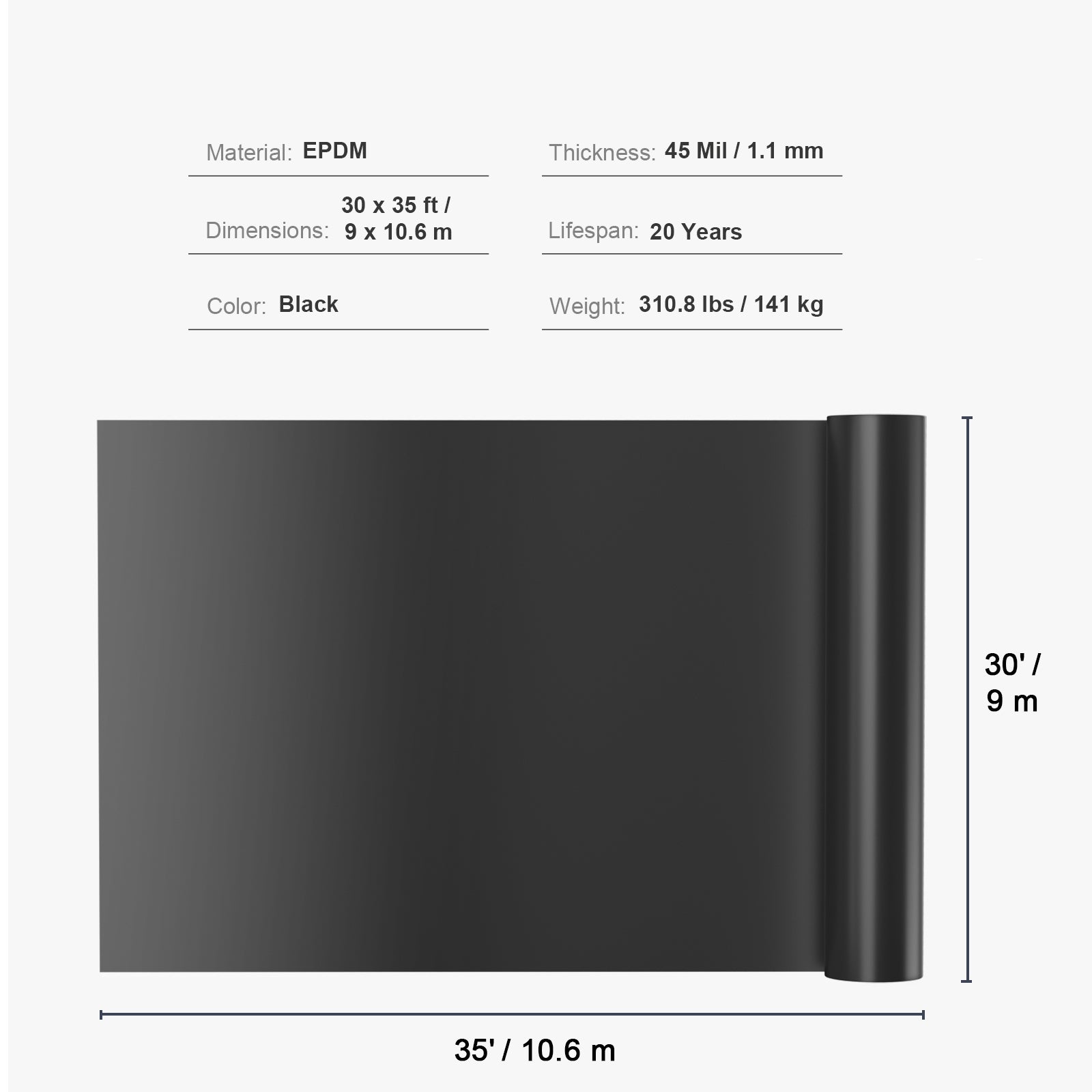 Membrane Étanche EPDM SucceBuy 9 x 10,6 m 1,1 mm — Bâche Flexible pour Créer Bassins Décoratifs, Étangs à Poissons, Ruisseaux, Cascades et Fontaines - 9