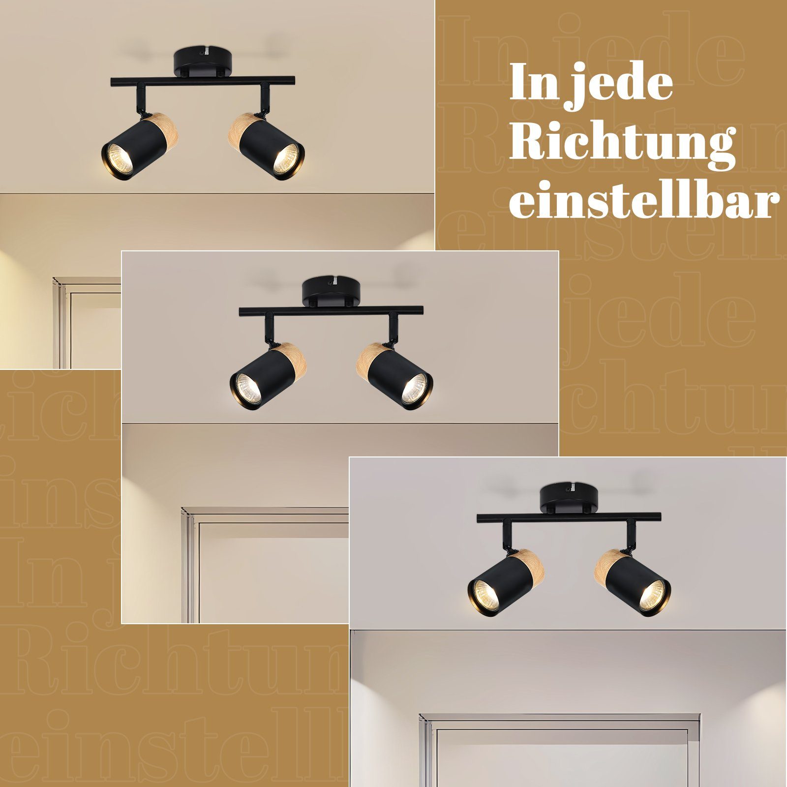 NETTLIFE Plafonnier 2 spots de bois noir GU10 LED orientable 330° pour couloir garage salon cuisine sans ampoule - 4