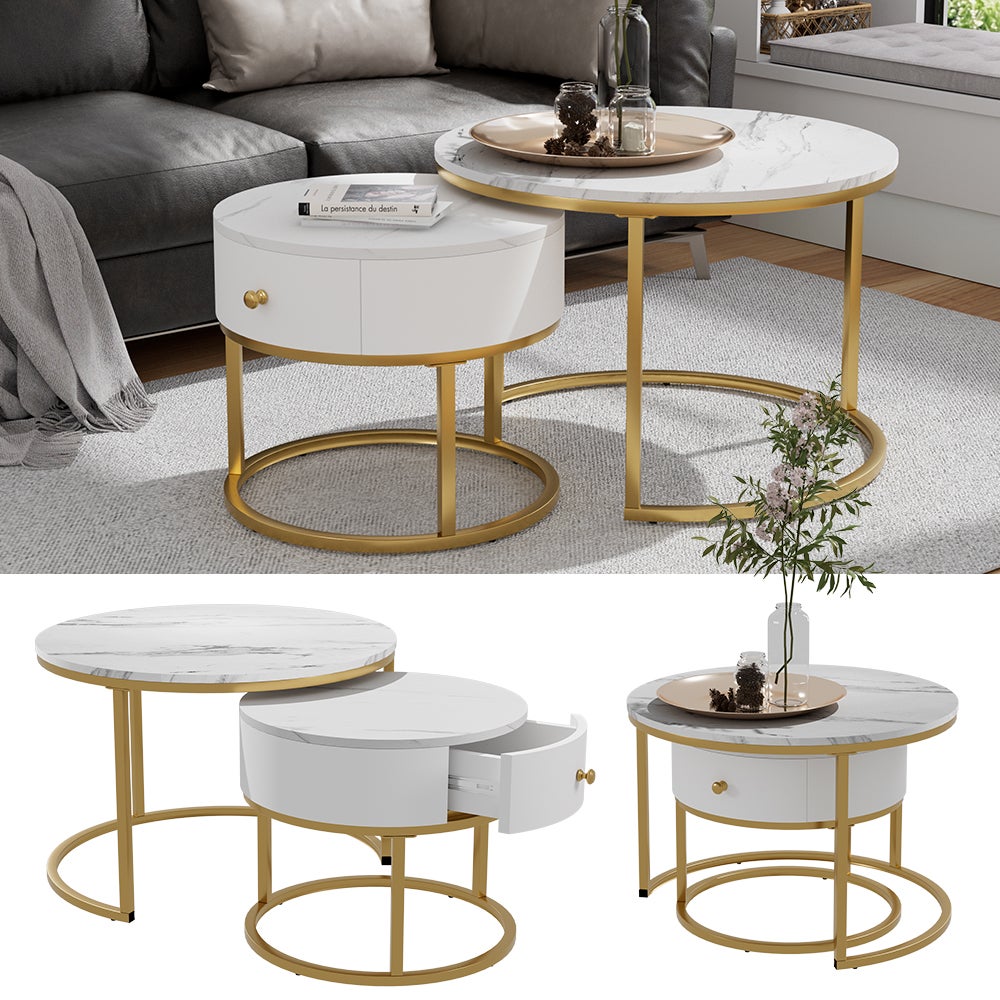 Set Di 2 Tavolini Da Caff&egrave; In Marmo E Oro - Moderni, Rotondi E Con Piano In Marmo