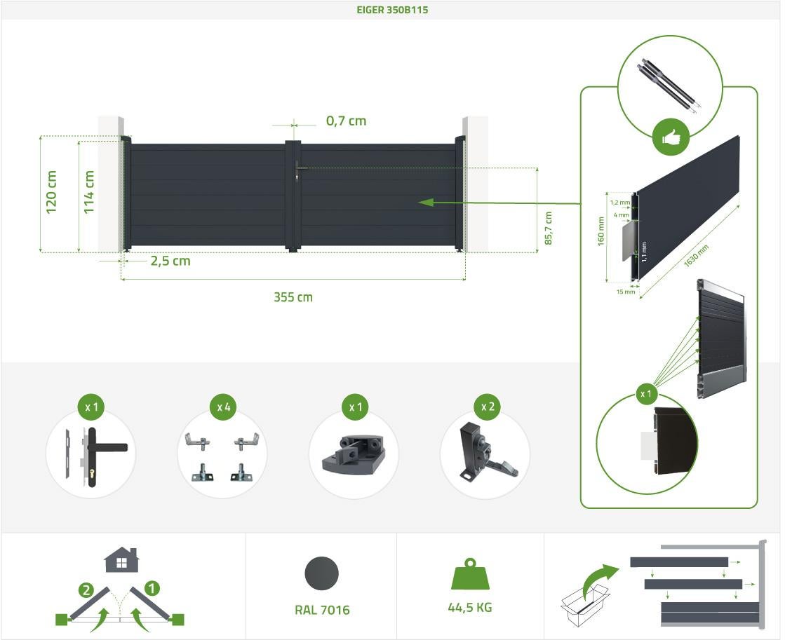 Cancello a battente in alluminio 3,5m EIGER 350B115 GREY - 2