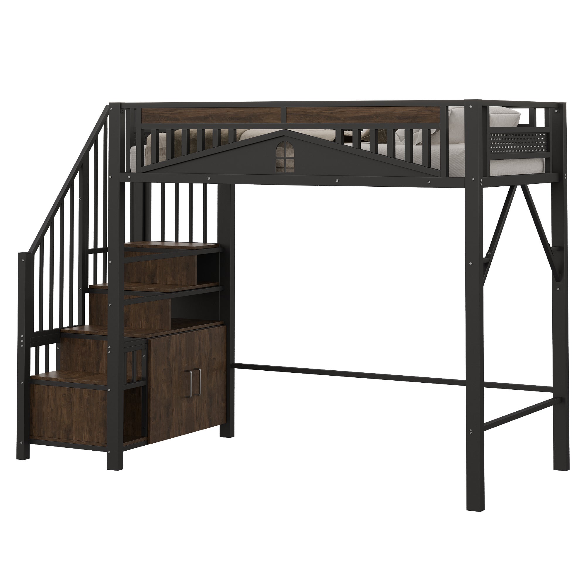 Lit mezzanine en métal 90 x 200 cm, enceinte de sécurité unique avec fenêtre, échelle de sécurité avec casier, noir - 8