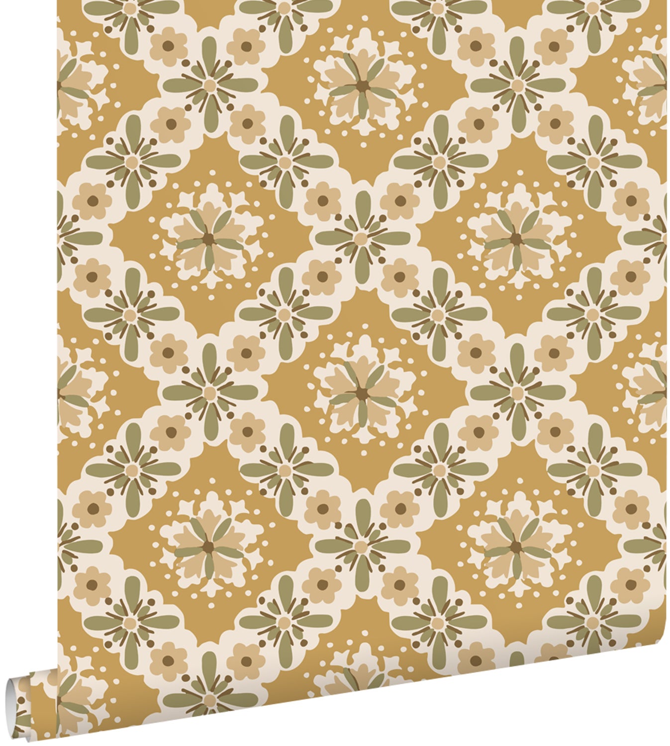 Tapeta zabytkowe kwiaty ochry żółtejIzielonym - 50 x 900 cm - ESTAHOME