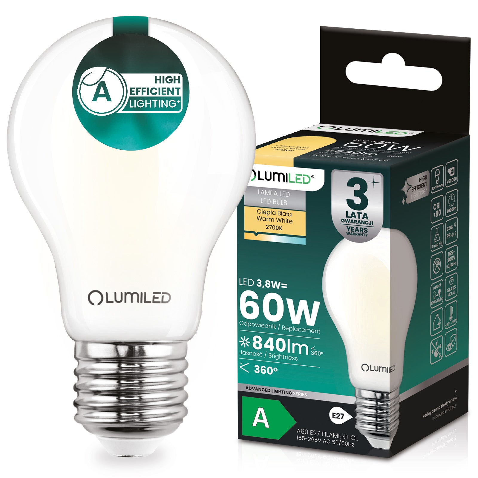 Żarówka LED Lumiled E27 A60 3.8W 840lm 2700K Ciepła biel 360st Filament KLASA A 1 szt.