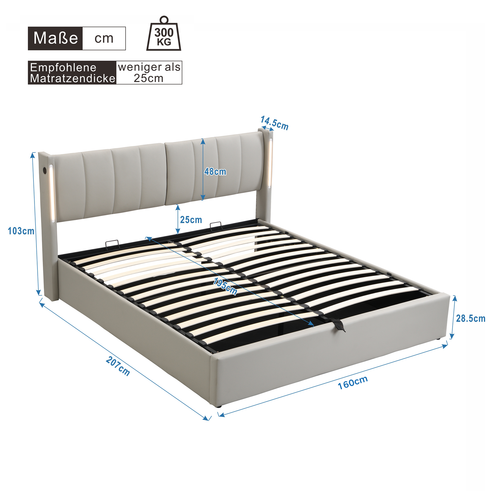 Cama Matrimonial 160x200 cm con Contenedor, USB + LEDs en ambos lados - Hidráulica Tapizada + Cabecero Ajustable, Somier de Láminas - PU + Gris - 9