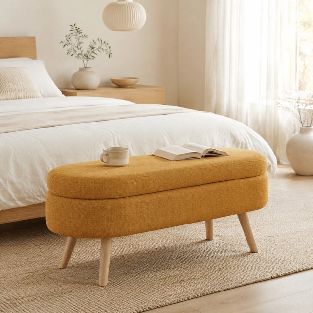 Banc de rangement banquette avec coffre et trous d'aeration, pieds antiderapants, chenille jaune, 110 cm