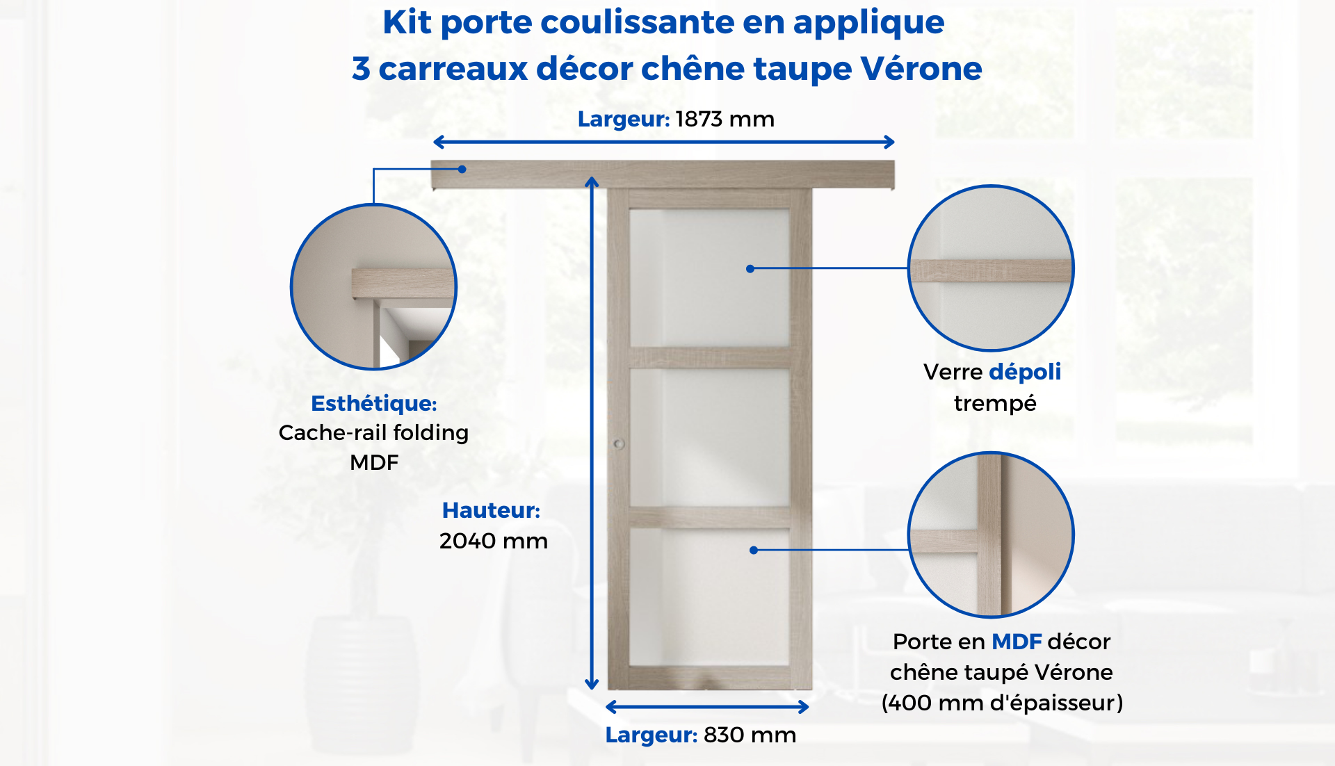 Kit porte coulissante 3 carreaux Vérone décor chêne taupe + rail 2 amortisseurs + cache rail décor assorti - H 204 cm x L 83 cm - 2