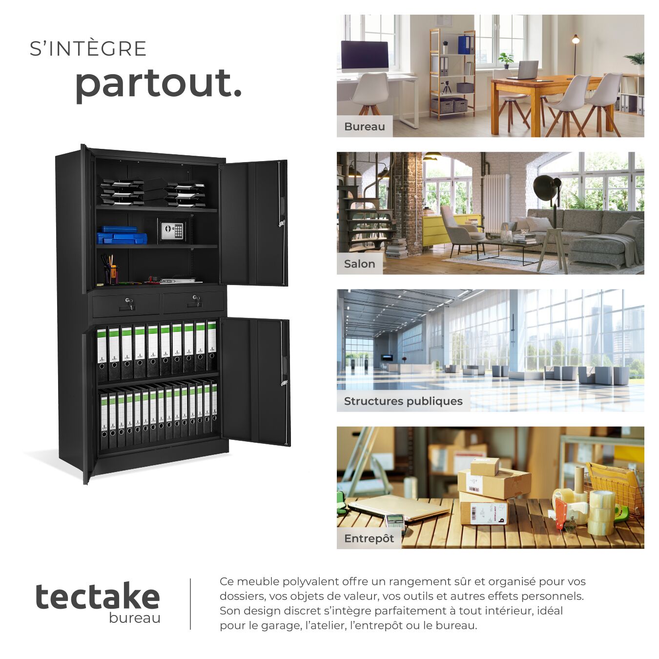 Armoire de classement en métal, compartiments avec étagères réglables, portes renforcées, verrouillable, noir TECTAKE - 7