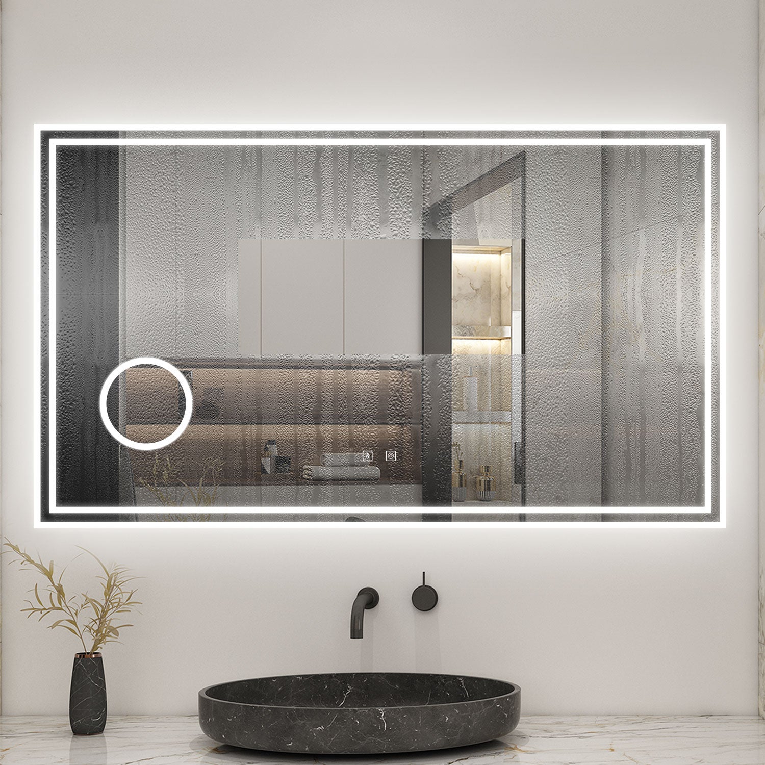 AICA Miroir lumineux 100 x 60cm, bluetooth + 3 couleurs + dimmable + grossissant + anti-buée + mémoire, miroir salle de bain mural - 6