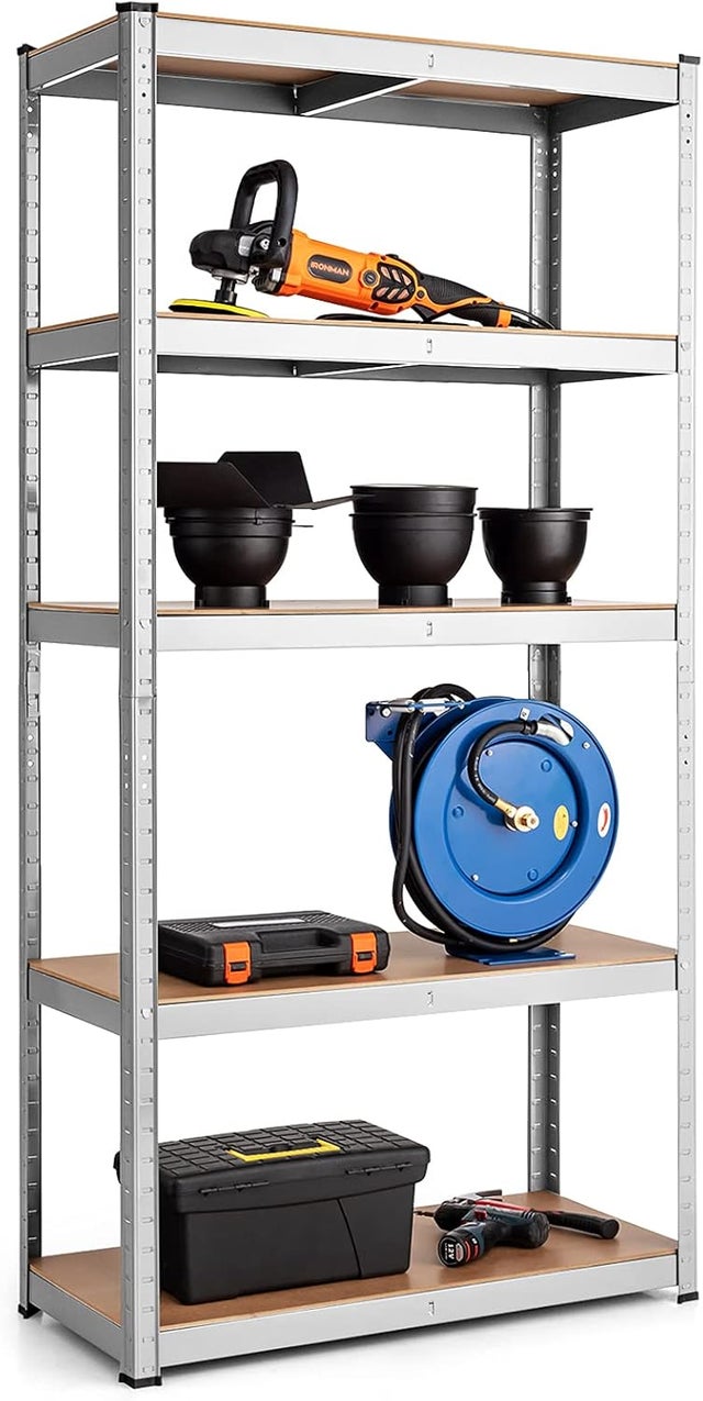 Regał Magazynowy z 5 Regałami, do Garażu, Warsztatu, Różne Modele, Materiał: Żelazo i MDF, Nośność 175 kg na Regał, 90 x 40 x 180 cm (Srebrny)