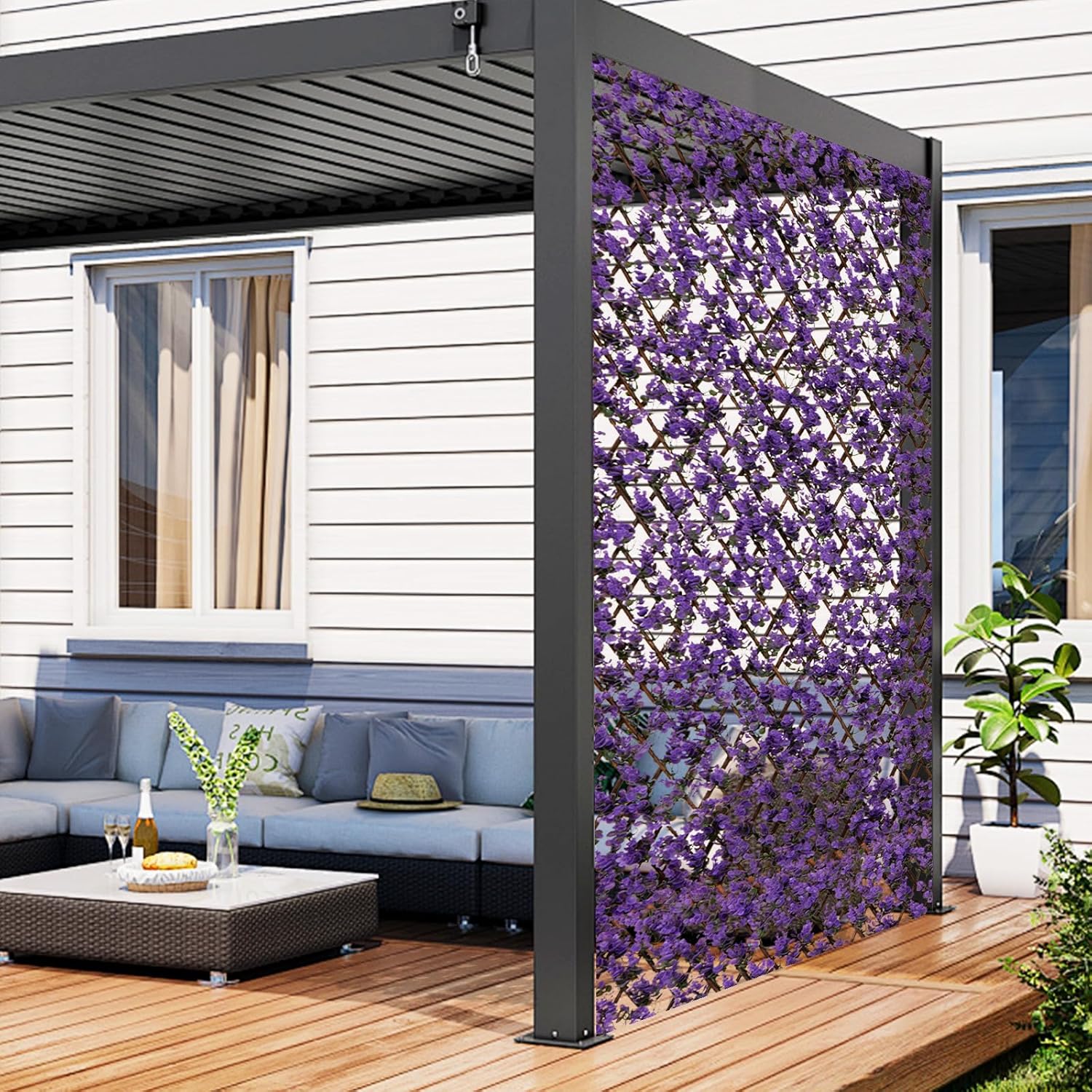 Haie Artificielle Brise-Vue Décoration Extensible, Panneau pour Clôture Décoratif Artificiel Protection Solaire Cadre(Eucalyptus Violet) - 9