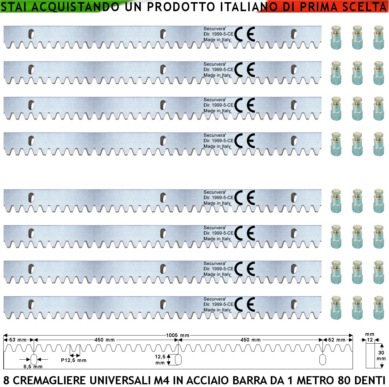 Cremagliera in Acciaio Zincato M4 Universale Otto Moduli da 1 Metro Con 80 Denti 12X30 mm Portata 22 Q.li Max 30 Q.li Fissaggio Tre Bulloni Per Metro Leroy Merlin