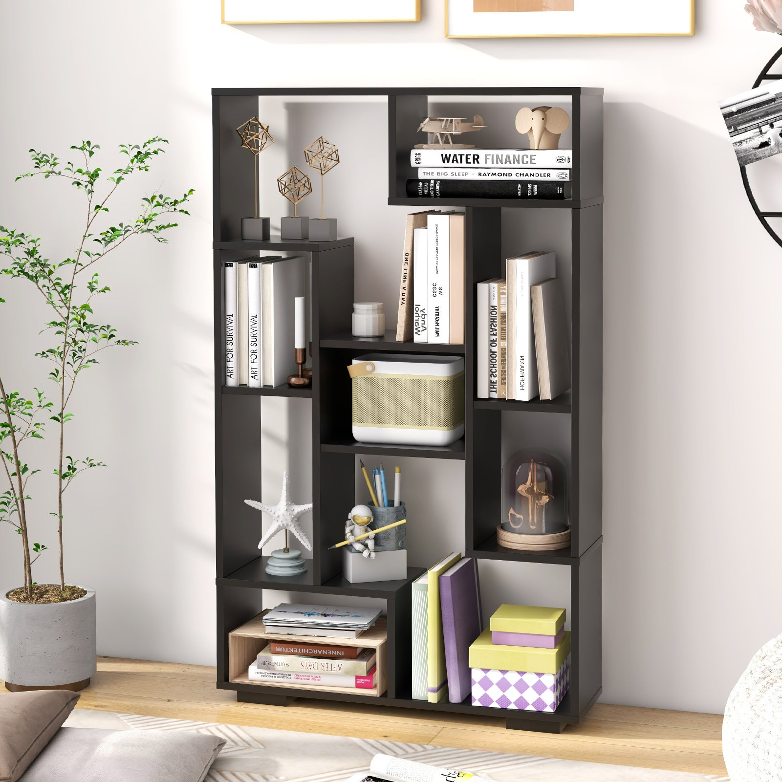 Biblioteka geometryczna 120 cm, otwarte półki, wolnostojąca półka z zestawami zabezpieczającymi przed przewróceniem, do biura, salonu, czarna - 6