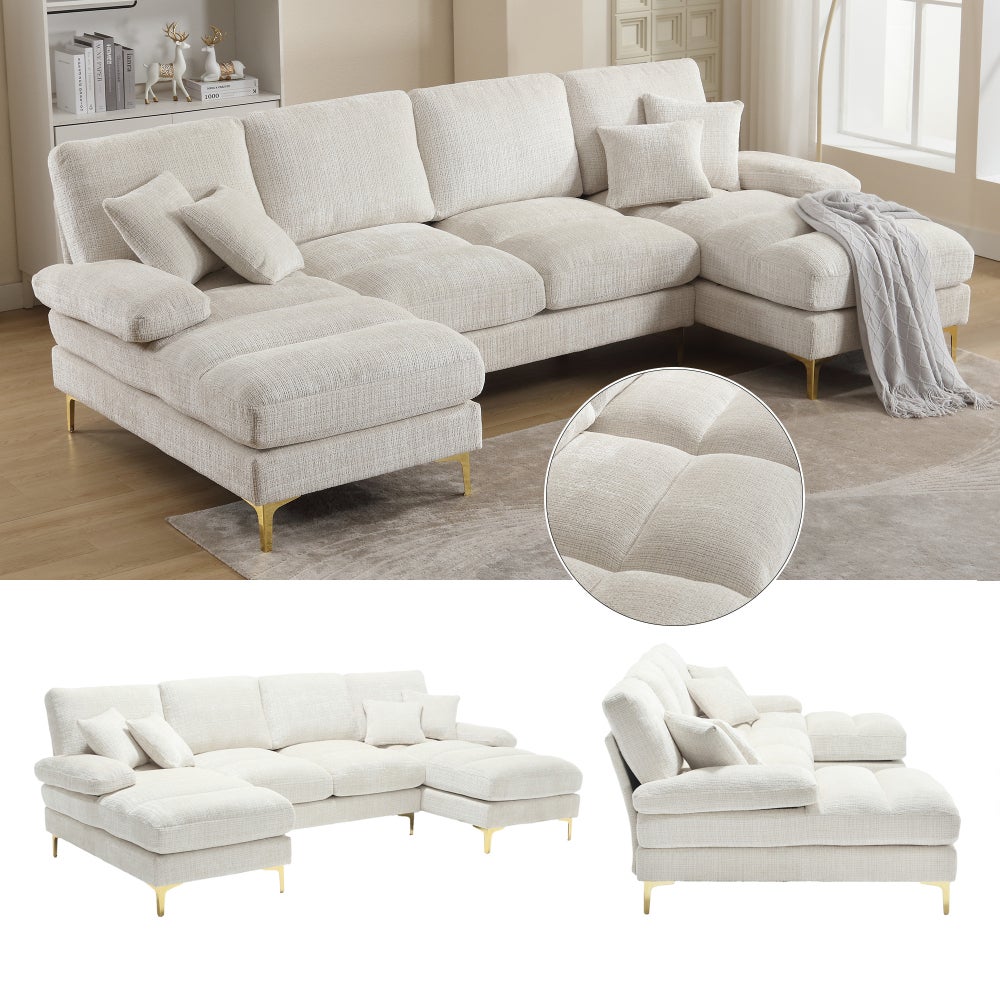 Sofa w kształcie litery U, duża, z tkaniny szenilowej, z podwójnymi, rozkładanymi siedzeniami, modułowa