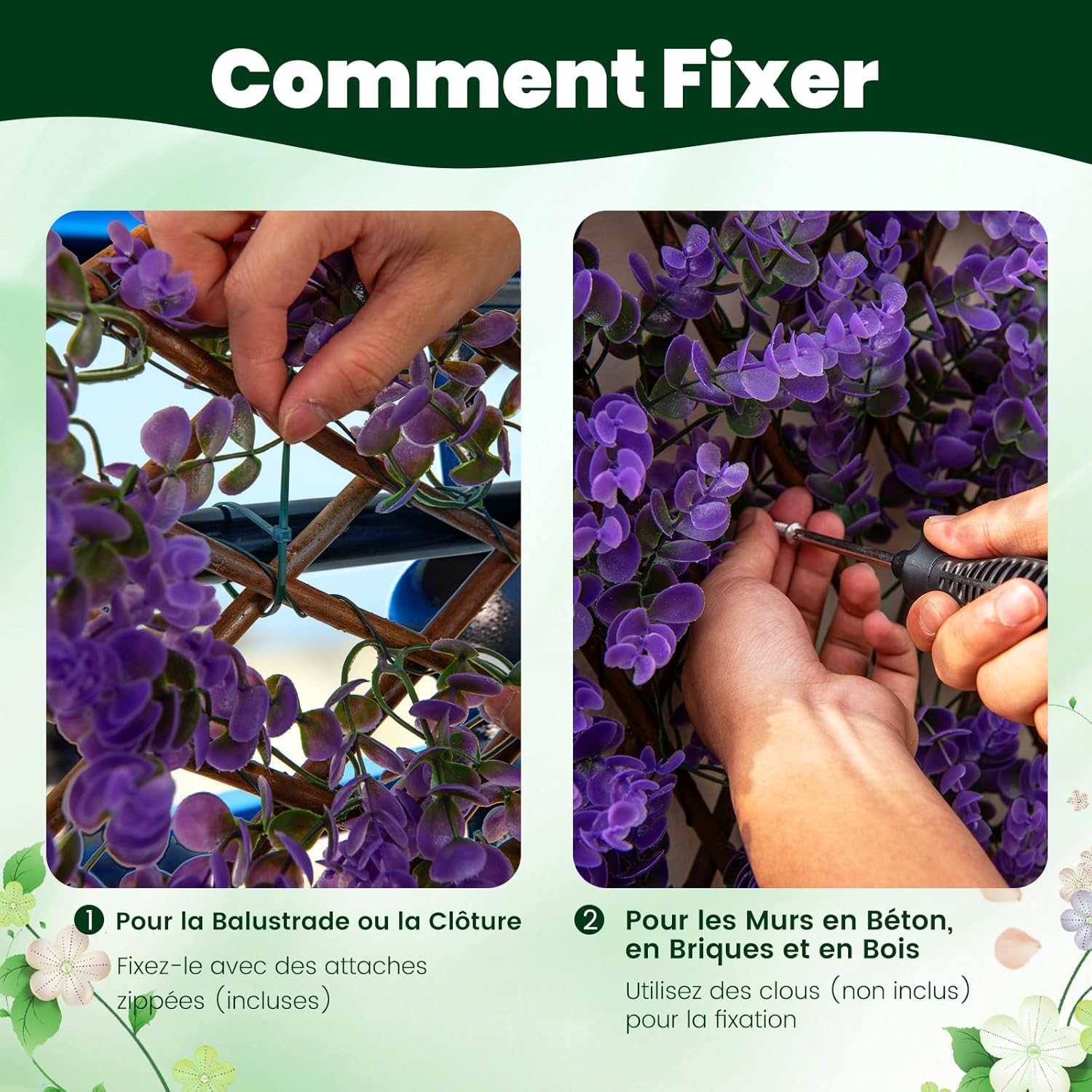 Haie Artificielle Brise-Vue Décoration Extensible, Panneau pour Clôture Décoratif Artificiel Protection Solaire Cadre(Eucalyptus Violet) - 7