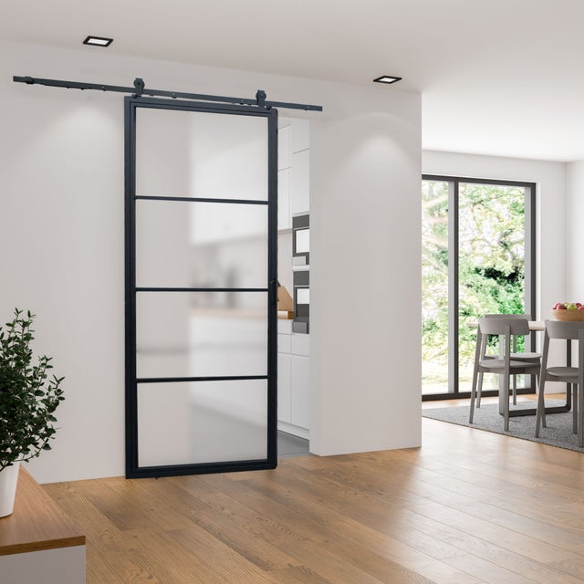 Kit porte coulissante Atelier acier noir verre satiné + rail H.220 x l.102 cm, SCHULTE, double amortisseur, porte coulissante intérieure vitrée