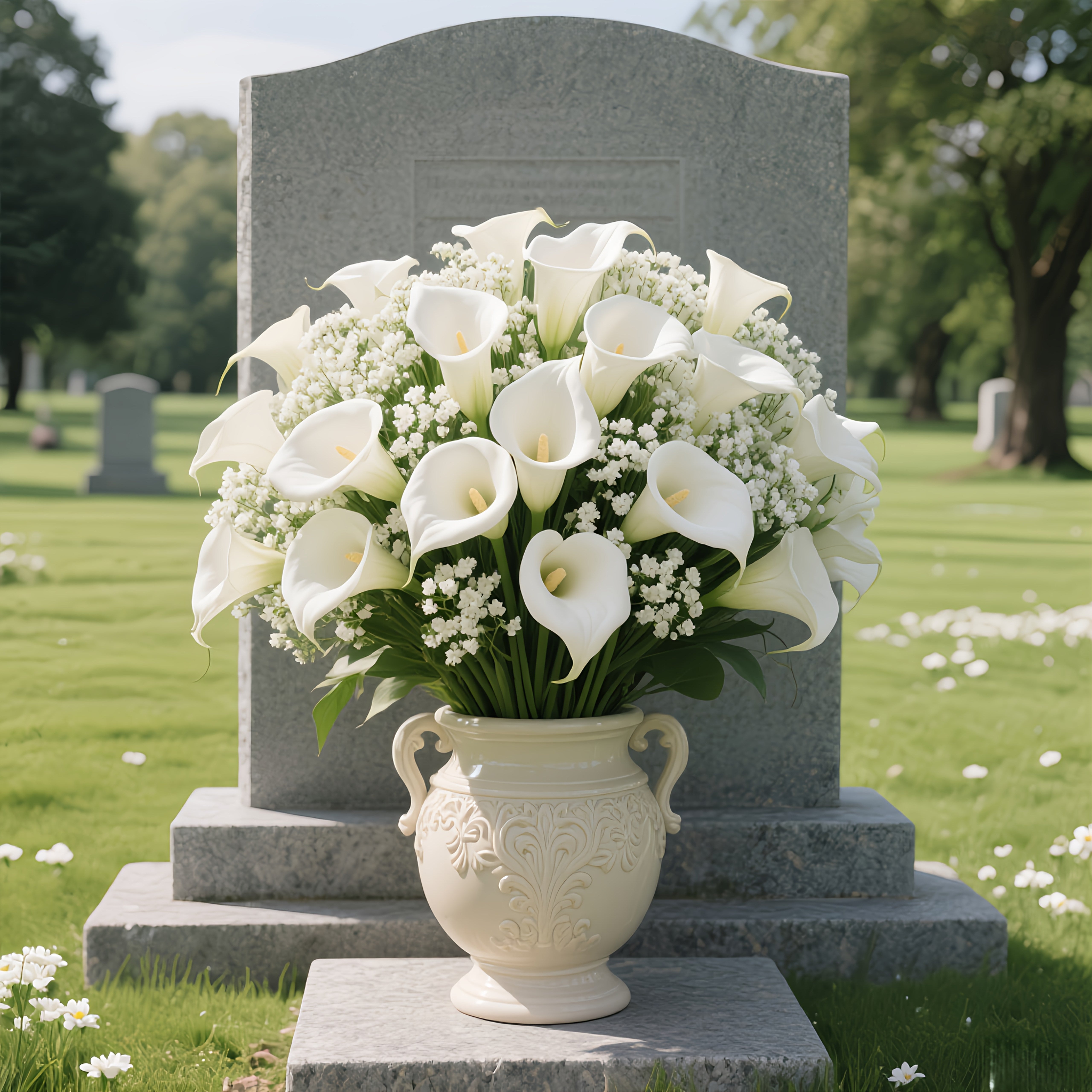 Lot de 30 fleurs artificielles pour cimetière, composé de 10 arums blancs et de 20 gypsophiles, idéal pour les tombes. - 5