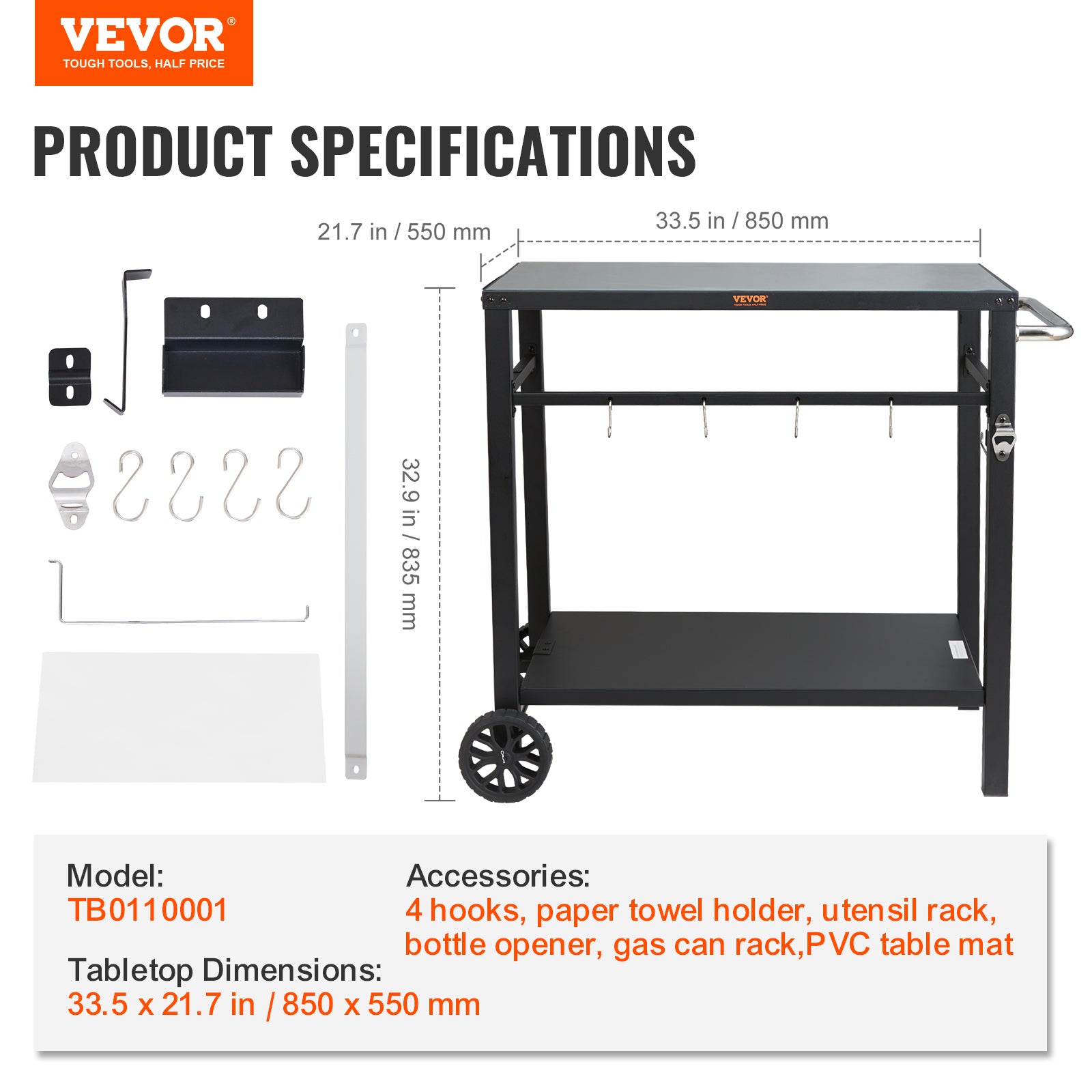 VEVOR Carrello da Pranzo per BBQ da Esterno con Doppio Ripiano, Tavolo Mobile Preparazione degli Alimenti per Barbecue, Piano Multifunzionale in Ferro - 7