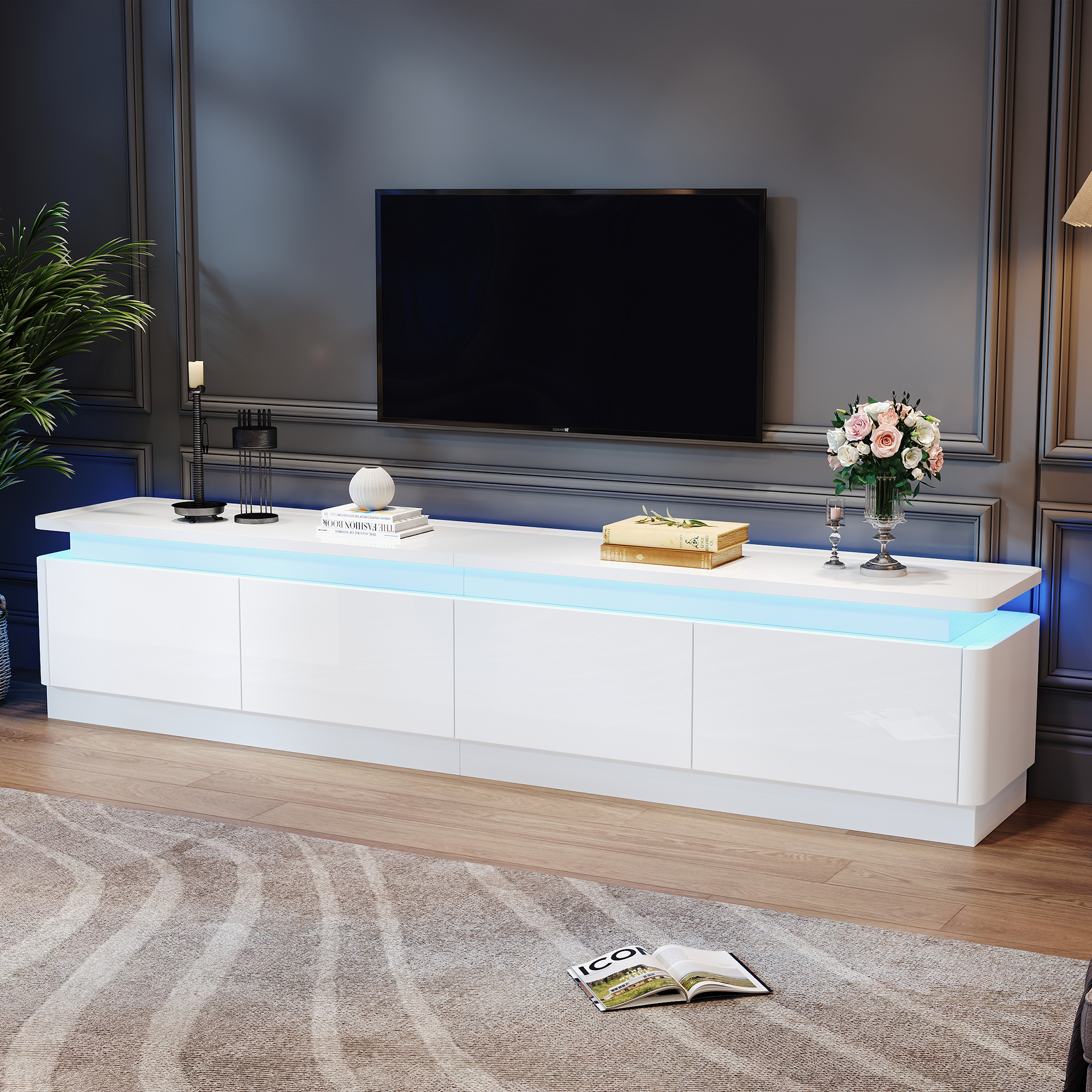 Szafka RTV z 4 szufladami na telewizory 80 cali - 180 x 34 x 40 cm - Płyta wiórowa - Diody LED - Biała
