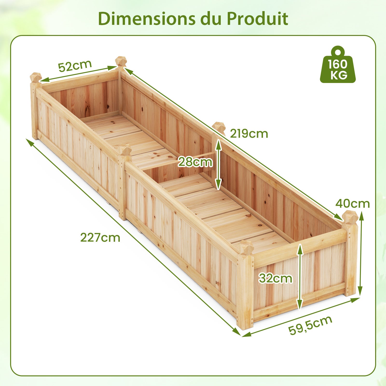 Jardinière Rectangulaire 227 x 59,5 x 40 cm avec Séparateur, Système de Drainage, Doublure, pour Cultiver des Légumes, Fleurs, Naturel - 3